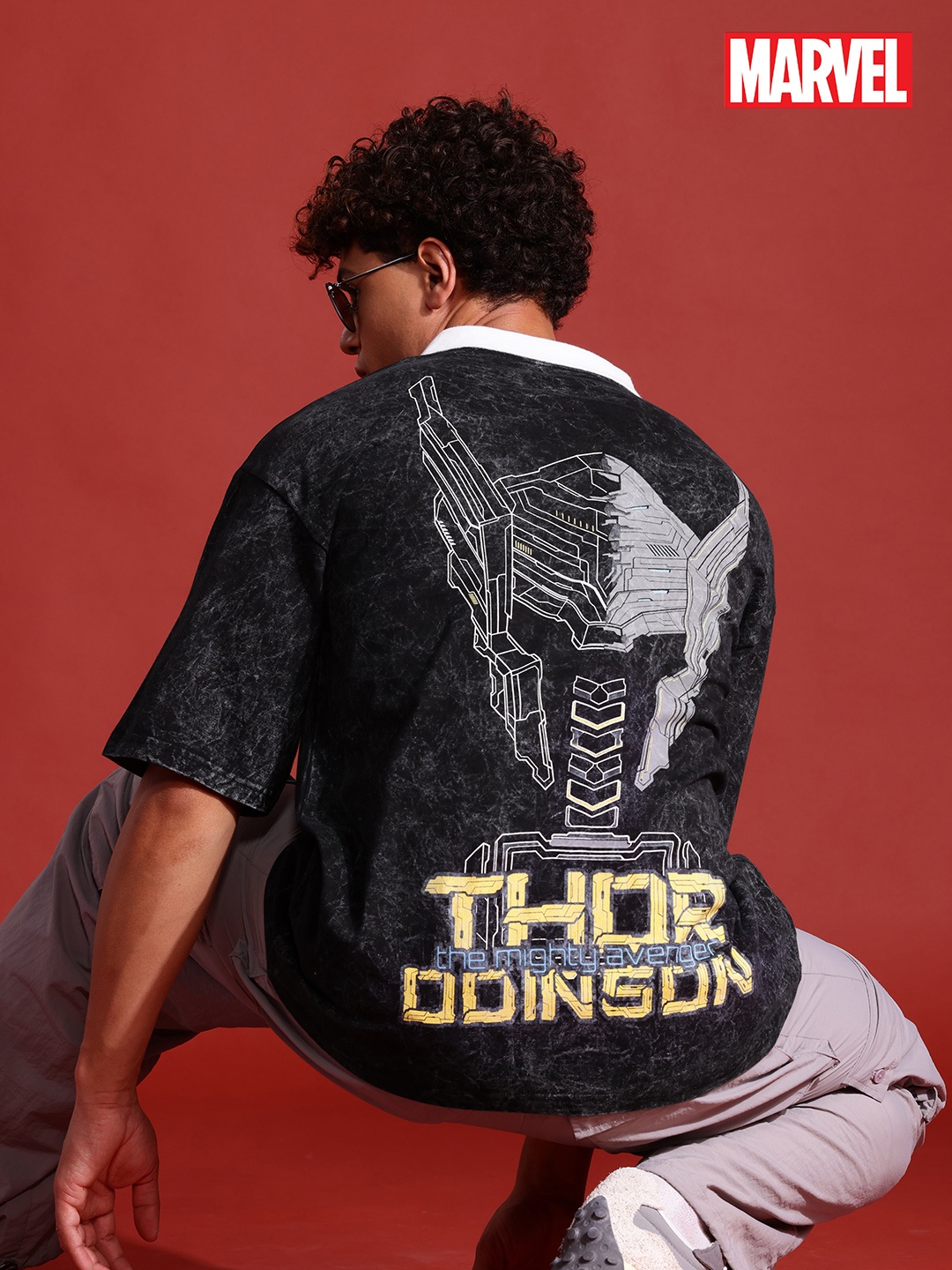 

MARVEL STREET Cyber Punk Men Printed Polo Collar Drop-Shoulder Sleeves Pure Cotton T-shirt, Black