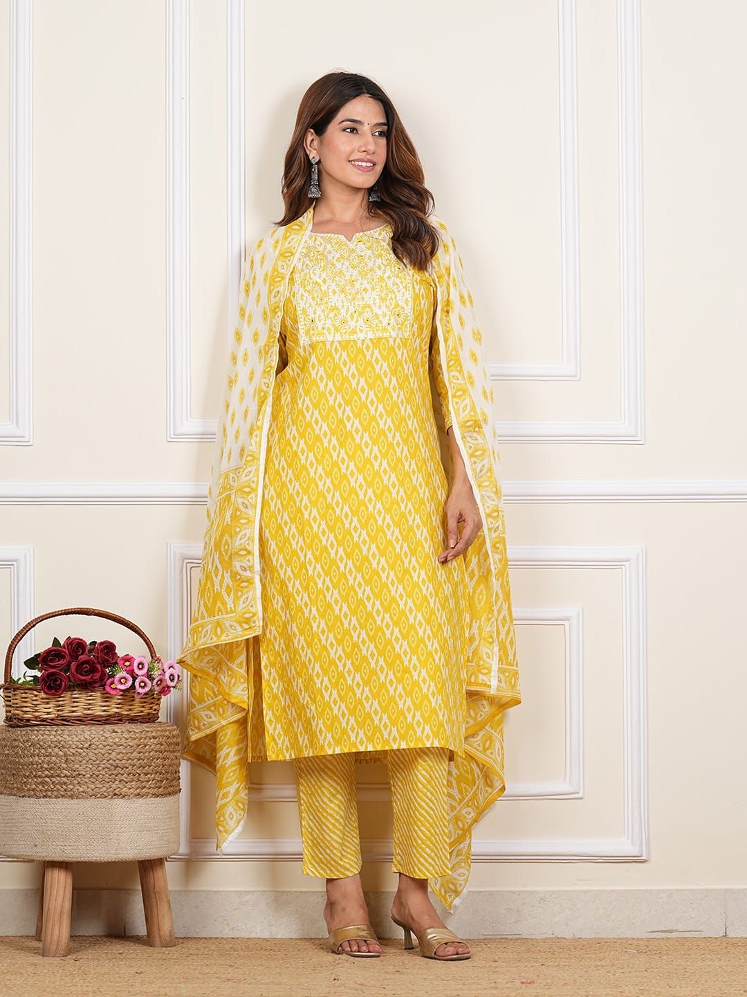 

The Bliss Fashion Ethnic Motifs Printed Pure Cotton Straight Kurta With Trousers & Dupatta, Yellow