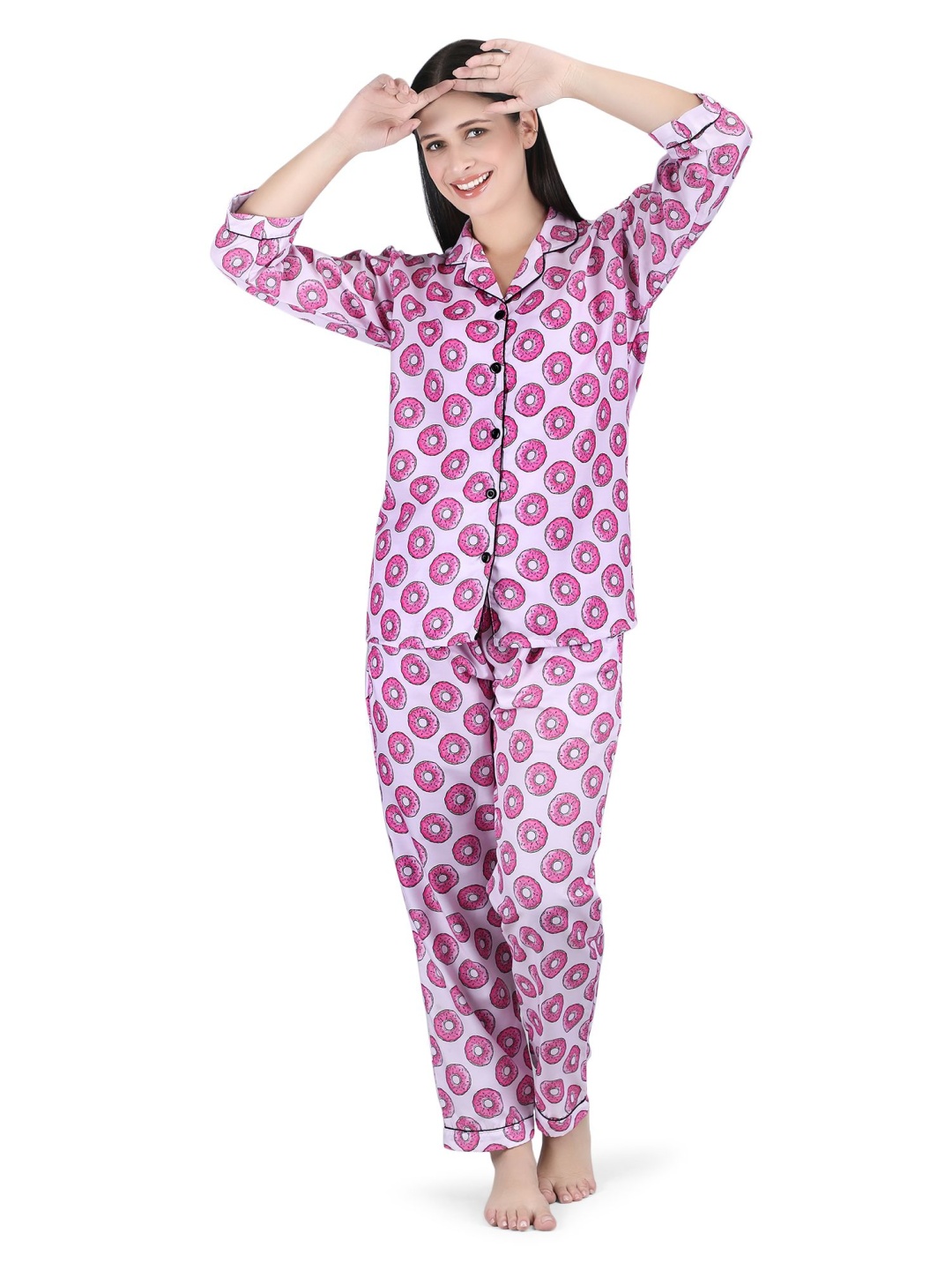 

ALL ABOUT HER Women Printed Lapel Collar Night suit, Pink