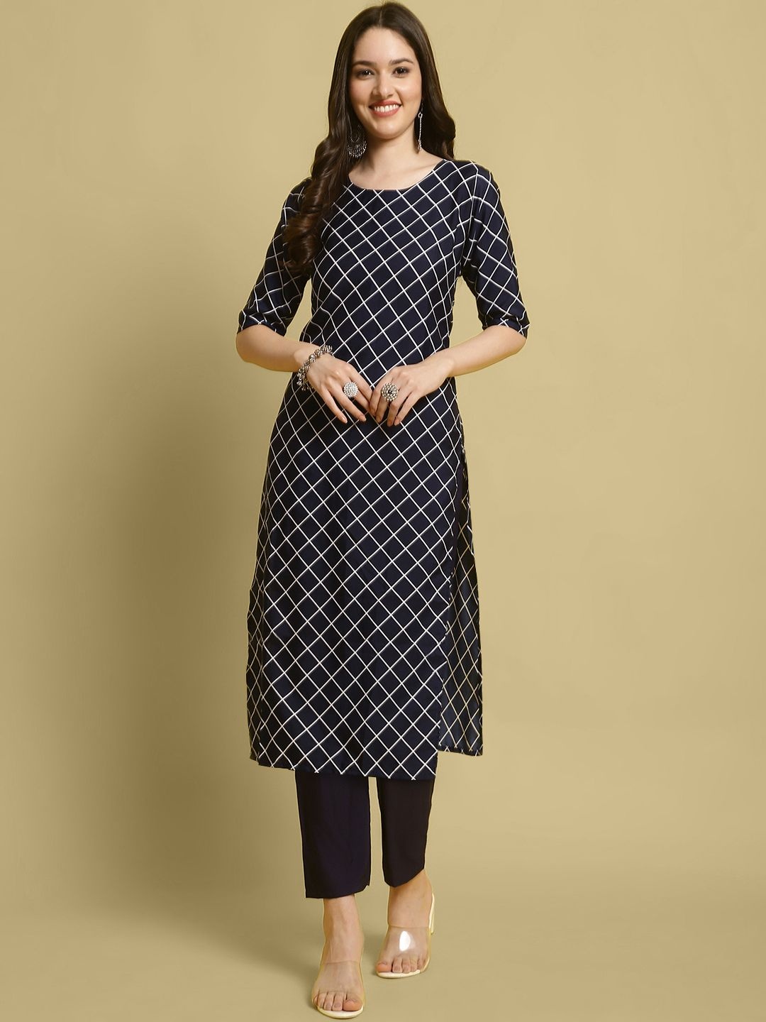 

7Threads Checked Printed Straight Kurta With Trousers, Navy blue