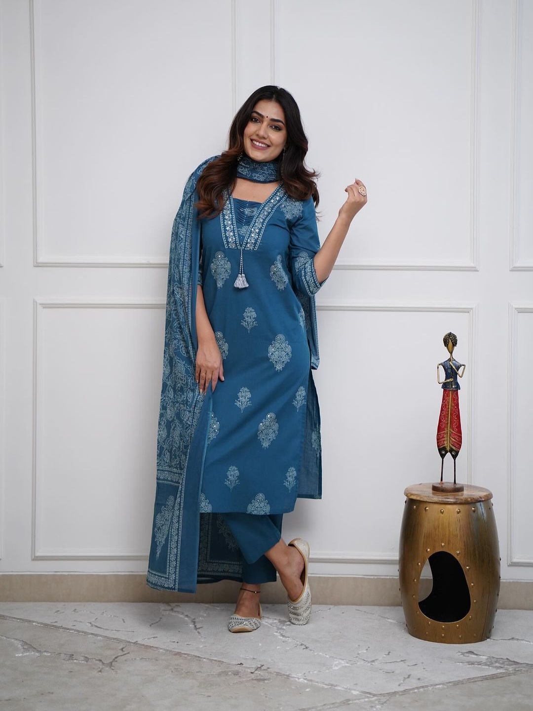 

SHOOLIN Ethnic Motifs Printed Mirror Work Pure Cotton Kurta with Trouser And Dupatta, Teal