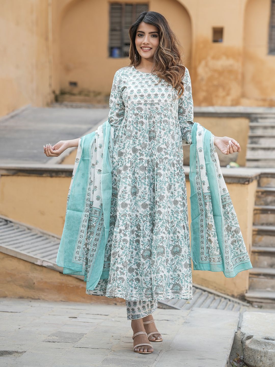 

Jaitpuriya Floral Printed Pure Cotton Tiered Anarkali Kurta With Trouser & Dupatta, Turquoise blue