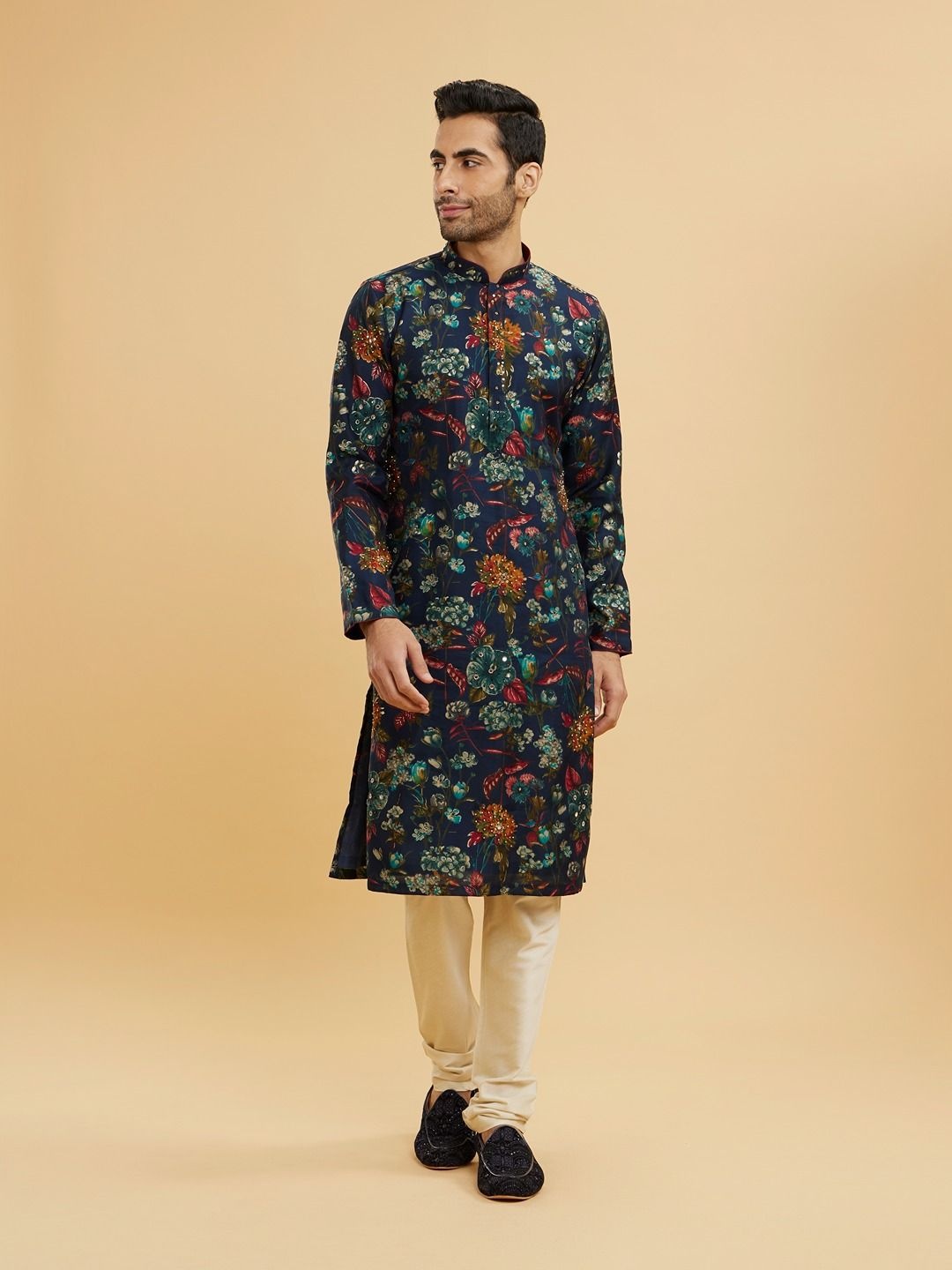 

Twamev Floral Printed Mandarin Collar Sequinned Kurta With Churidar, Blue