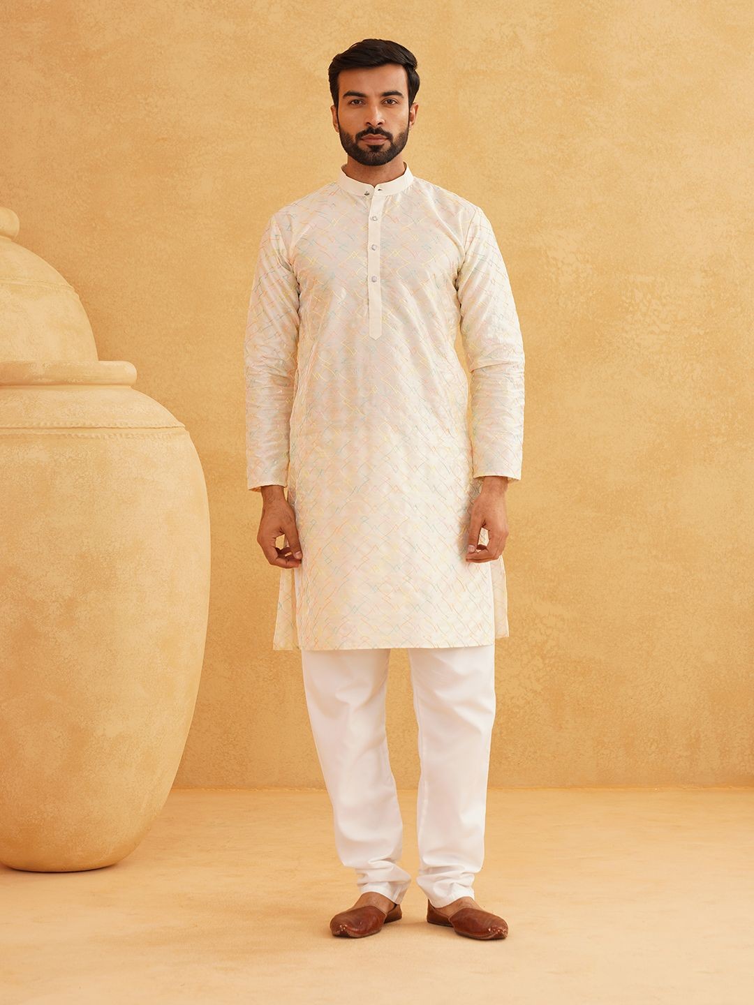 

SOJANYA Ethnic Motifs Embroidered Thread Work Band Collar Straight Kurta With Churidar, Cream