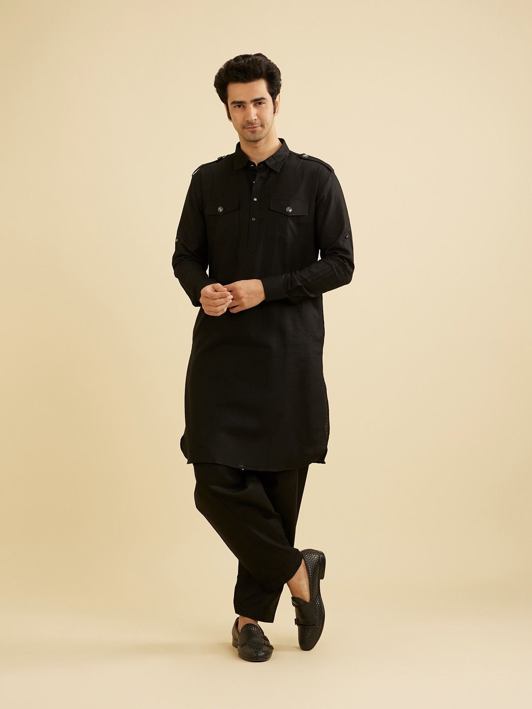 

Manyavar Shirt Collar Pure Cotton Pathani Kurta With Salwar, Black