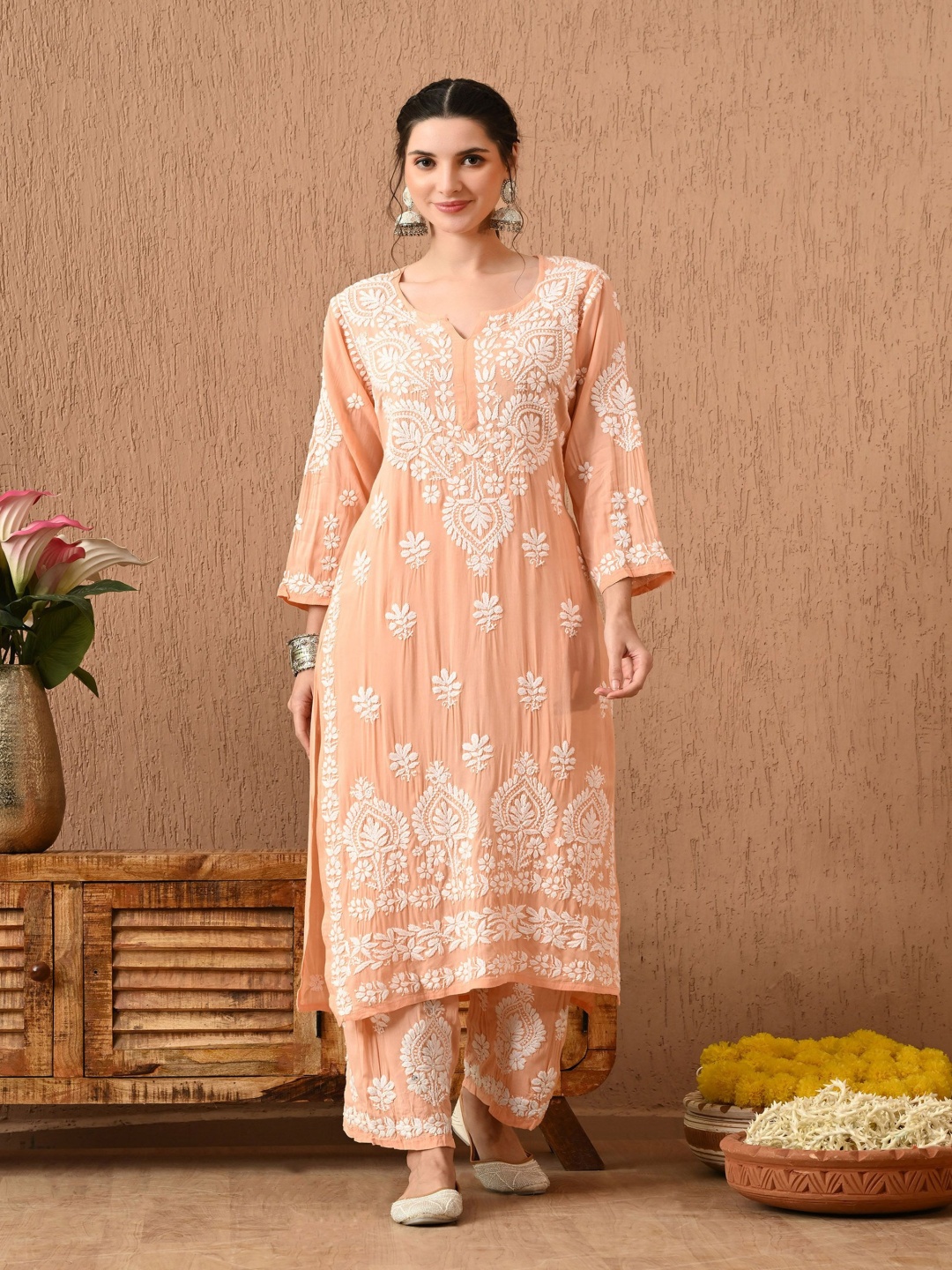 

Syrish Floral Embroidered Chikankari Notch Neck Pure Cotton Straight Kurta with Palazzo, Peach