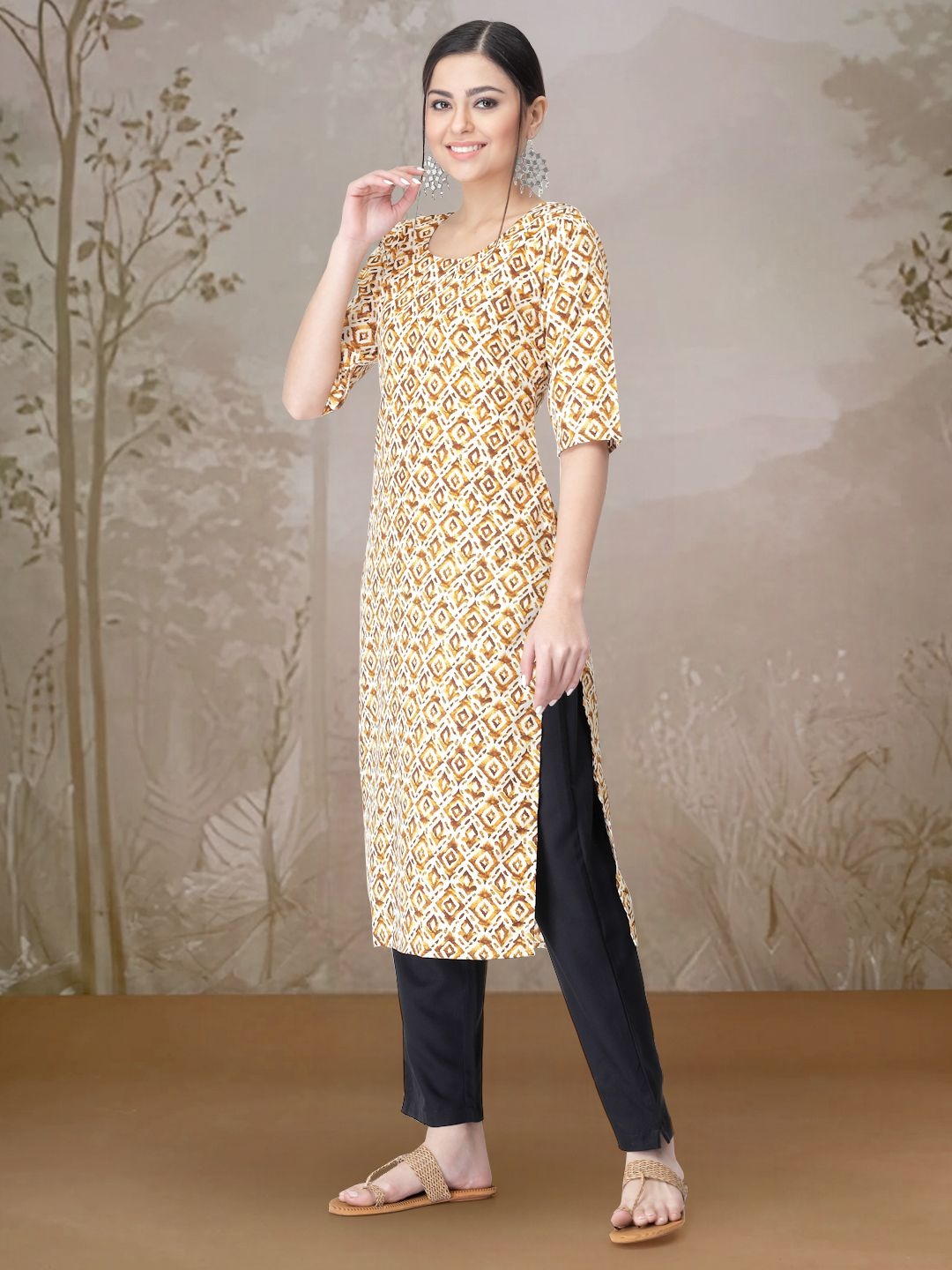 

7Threads Geometric Printed Round Neck Straight Kurta With Trousers, White