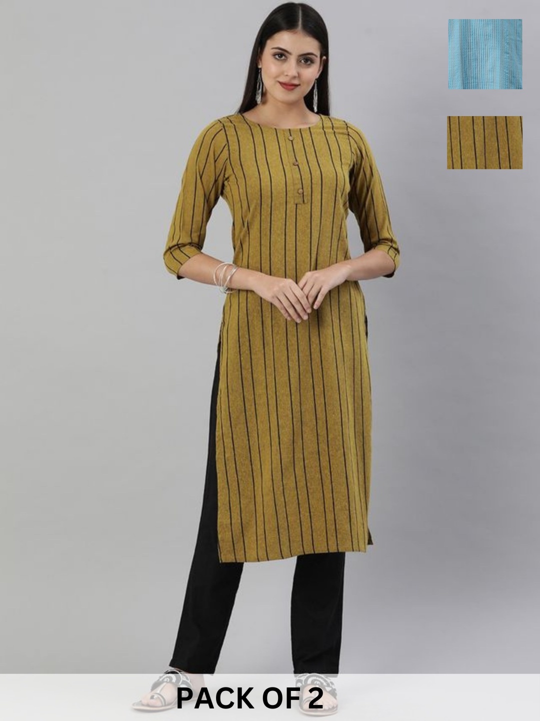 

KALINI Selection Of 2 Striped Printed Round Neck Pure Cotton Straight Kurta, Mustard