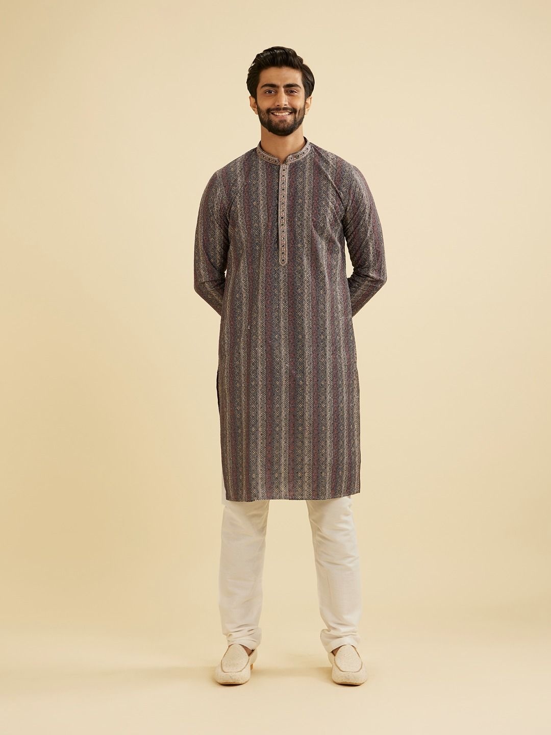 

Manyavar Ethnic Motifs Embroidered Sequinned Mandarin Collar Straight Kurta With Churidar, Grey