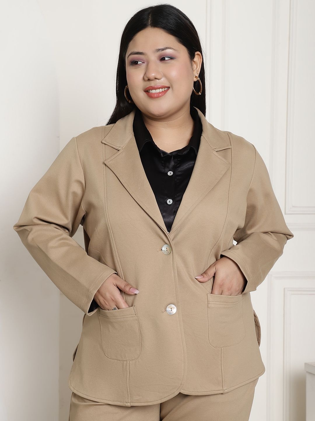 

theRebelinme Plus Size Notched Lapel Single Breasted Casual Blazer, Beige