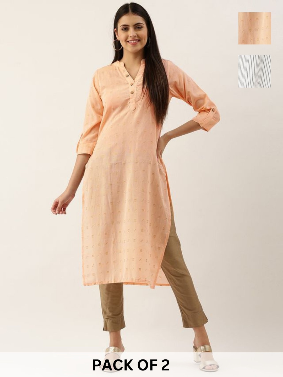 

KALINI Selection Of 2 Ethnic Motifs Printed Mandarin Neck Pure Cotton Straight Kurta, Peach