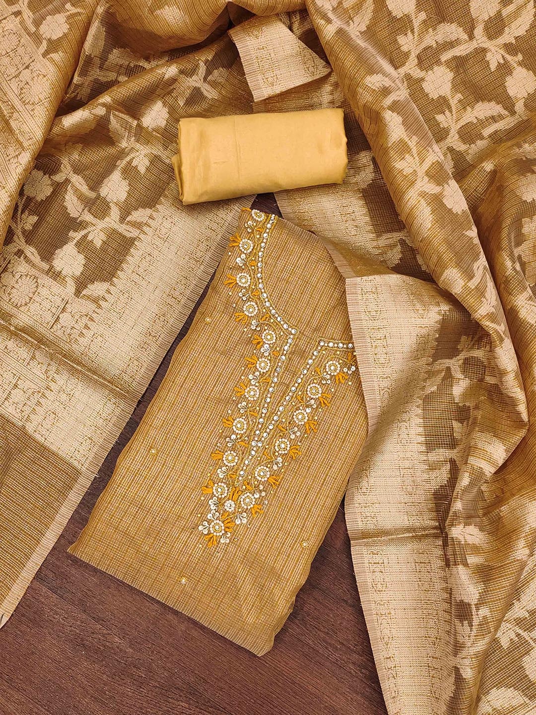 

KALINI Floral Embroidered Breads Work Unstitched Dress Material, Mustard