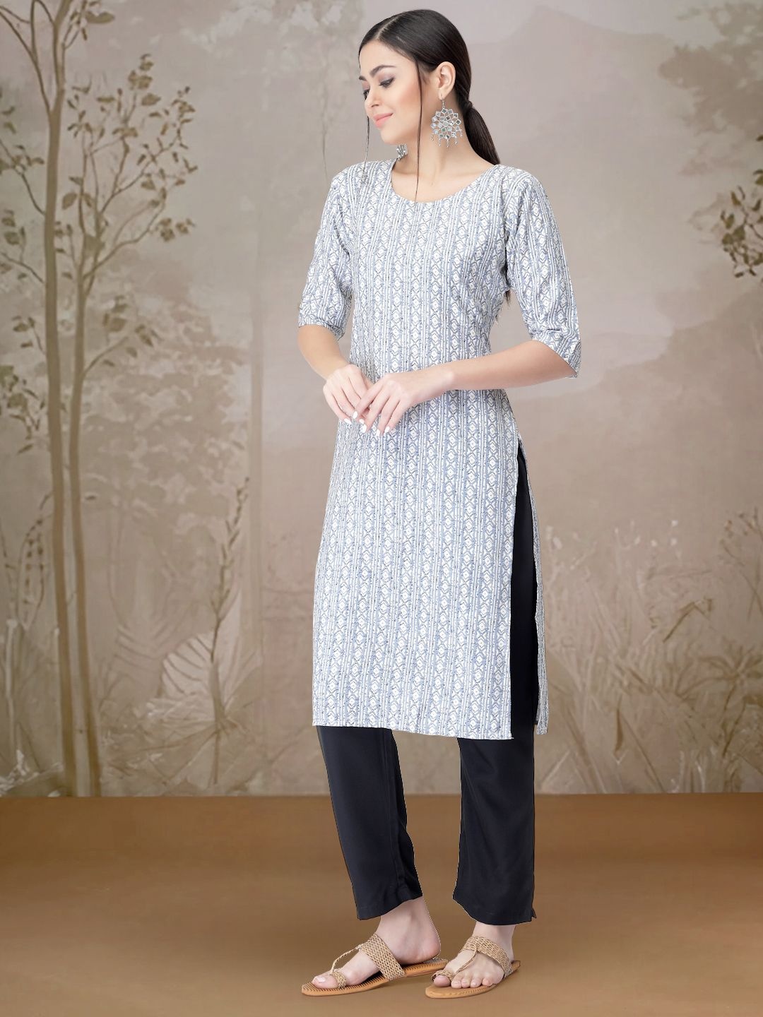 

7Threads Geometric Printed Round Neck Straight Kurta With Trousers, White