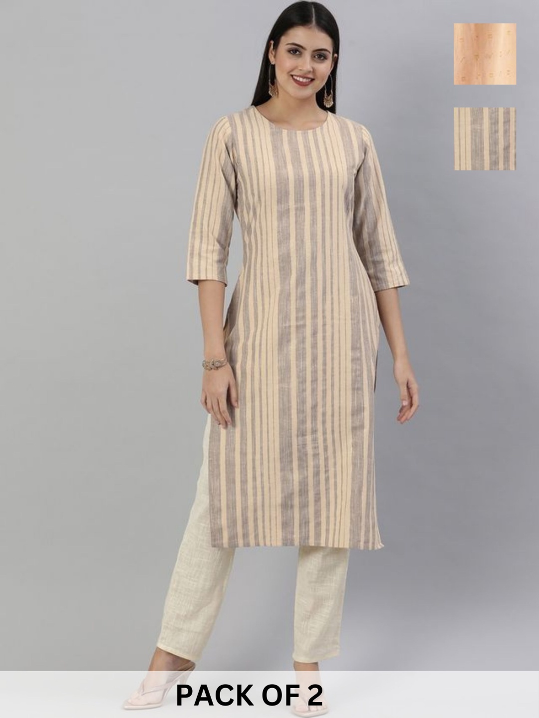 

KALINI Selection Of 2 Striped Printed Woven Design Round Neck Straight Kurtas, Cream