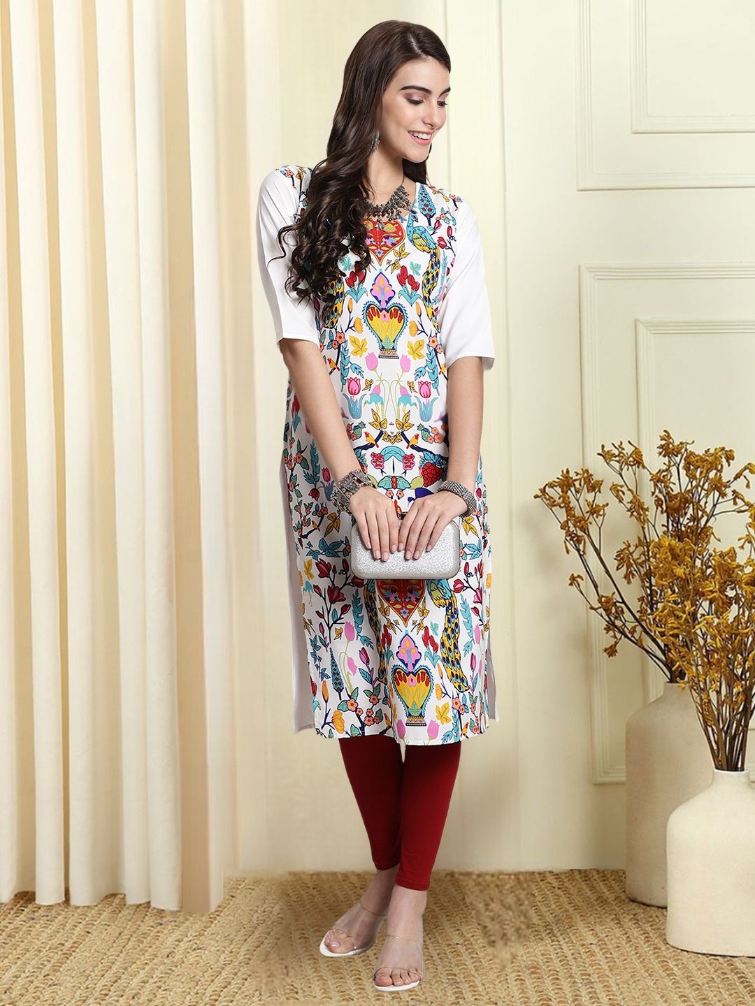 

7Threads Floral Printed Round Neck Straight Kurta, White