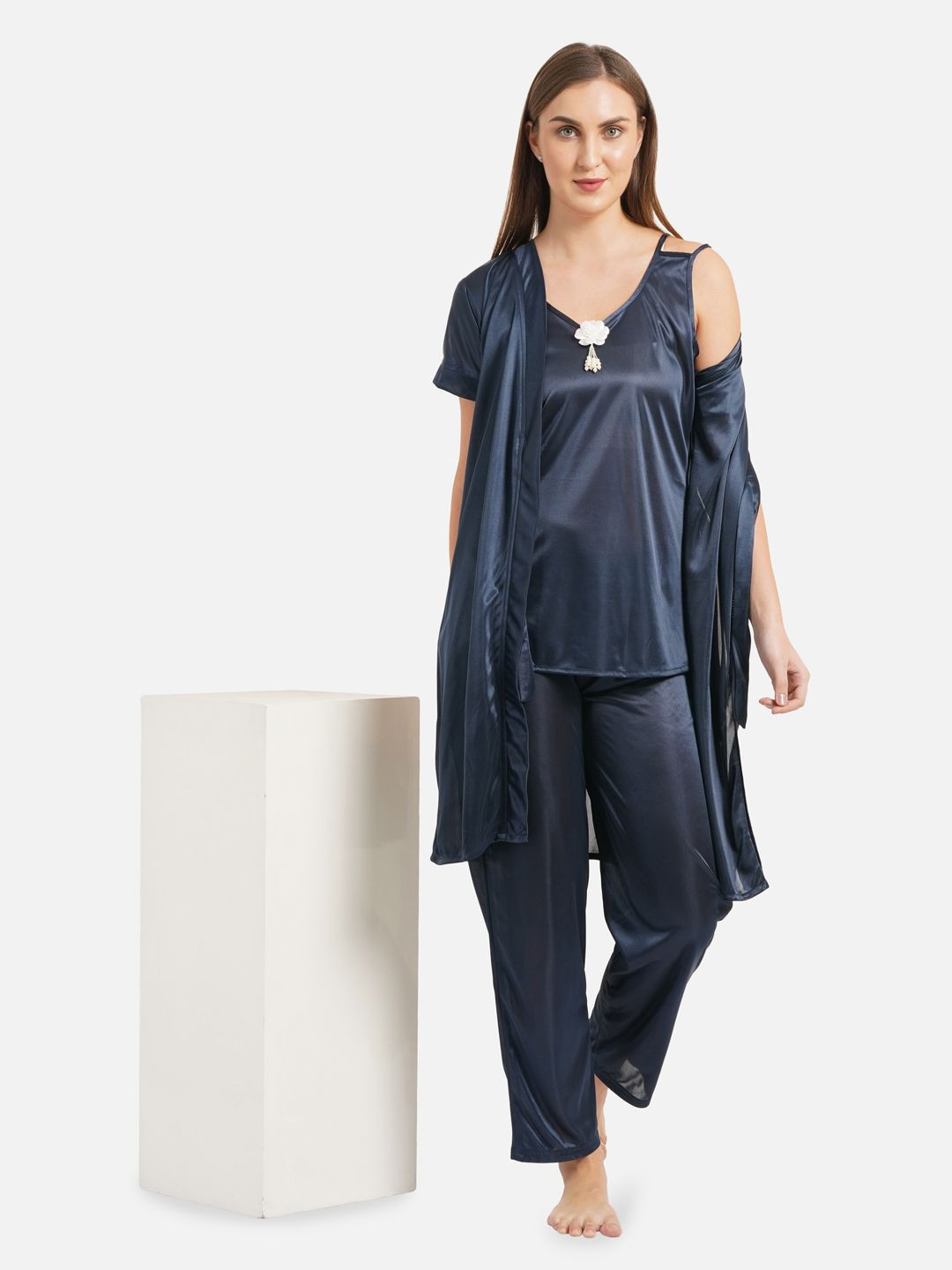 

Romaisa Women Satin Top and Pyjama Nightsuit Set with Robe, Navy blue