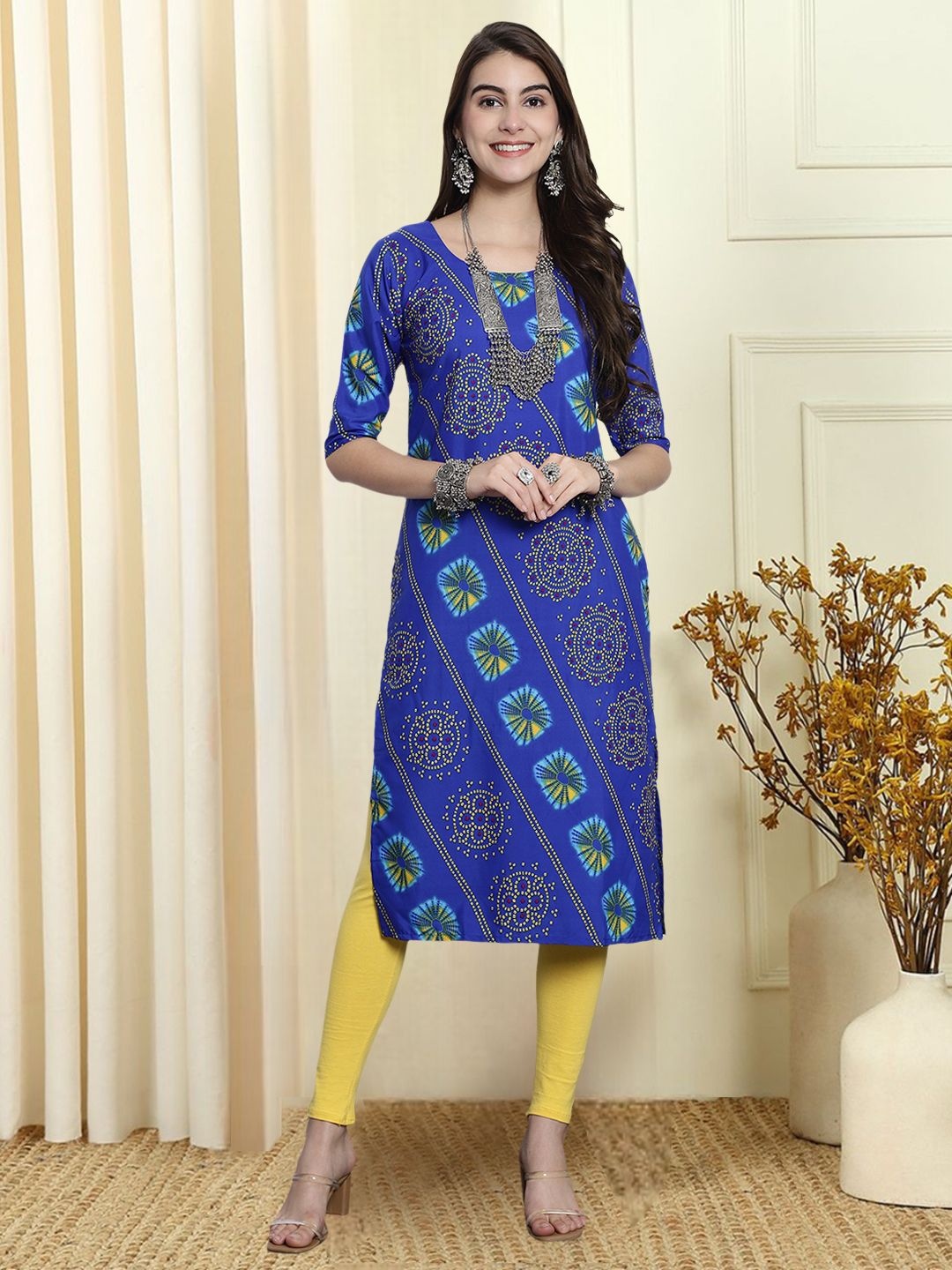 

7Threads Ethnic Motifs Printed Round Neck Straight Kurta, Blue