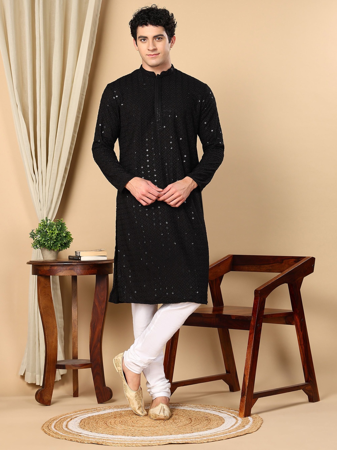 

TATTVA Ethnic Motifs Embroidered Mandarin Collar Pure Cotton Straight Kurta With Pyjama, Black