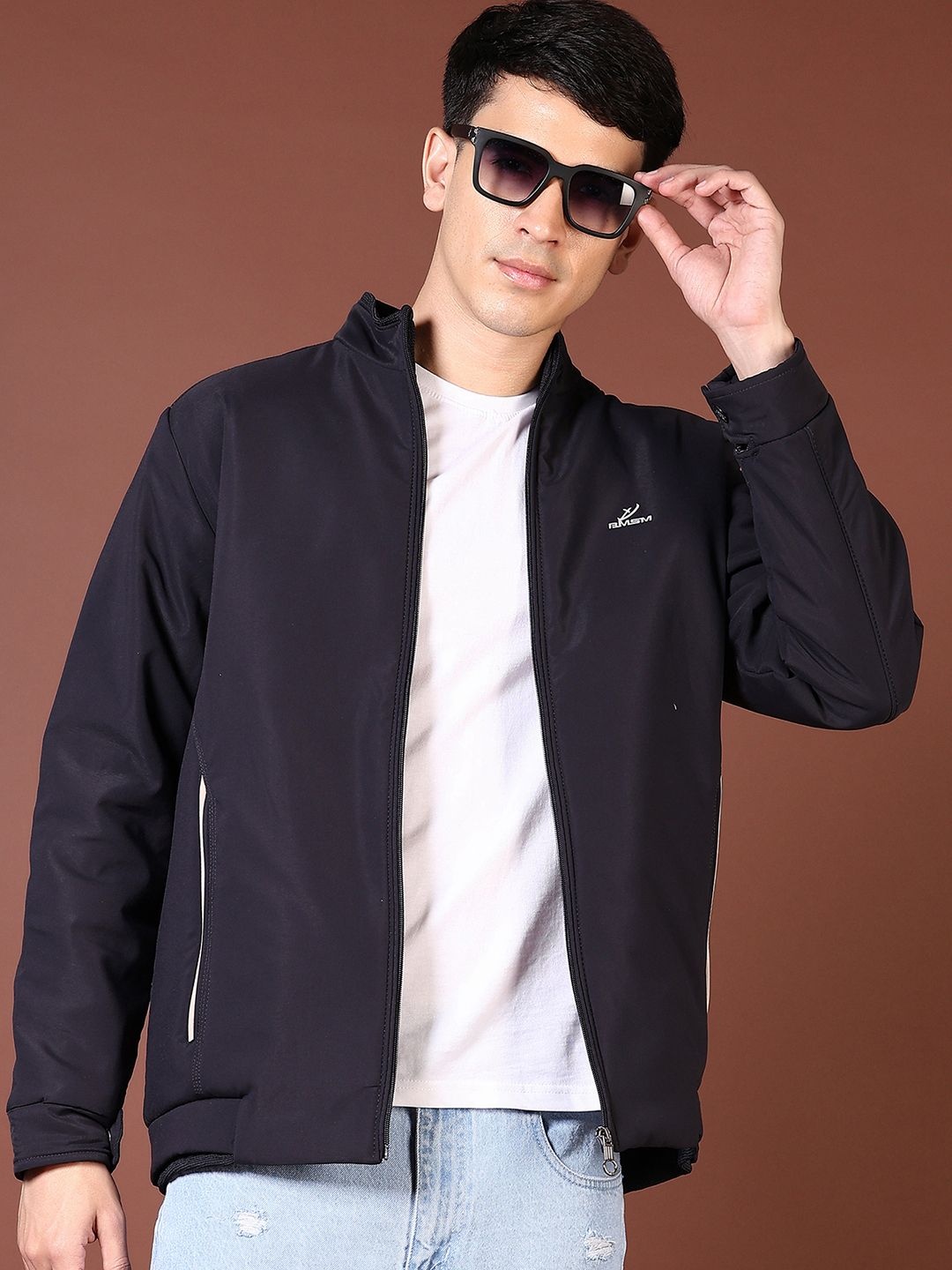 

V-Mart Men Mock Collar Solid Cotton Casual Bomber Jacket, Navy blue