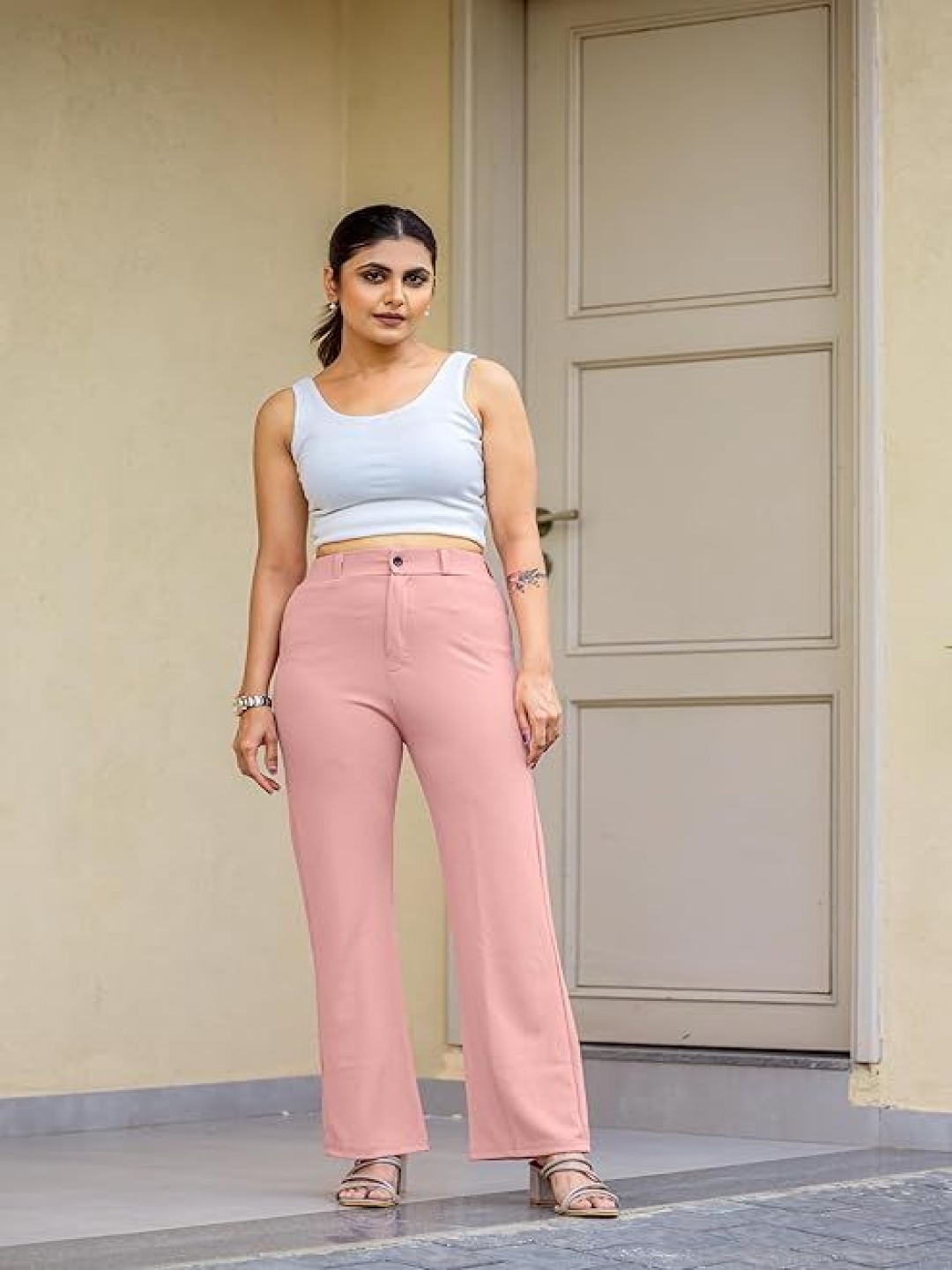

Fashion2wear Women Smart High-Rise Wrinkle Free Trousers, Peach