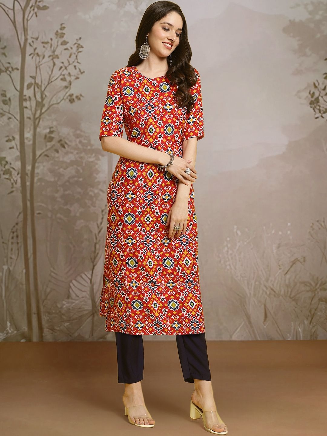 

7Threads Ethnic Motifs Printed Round Neck Straight Kurta With Trousers, Red