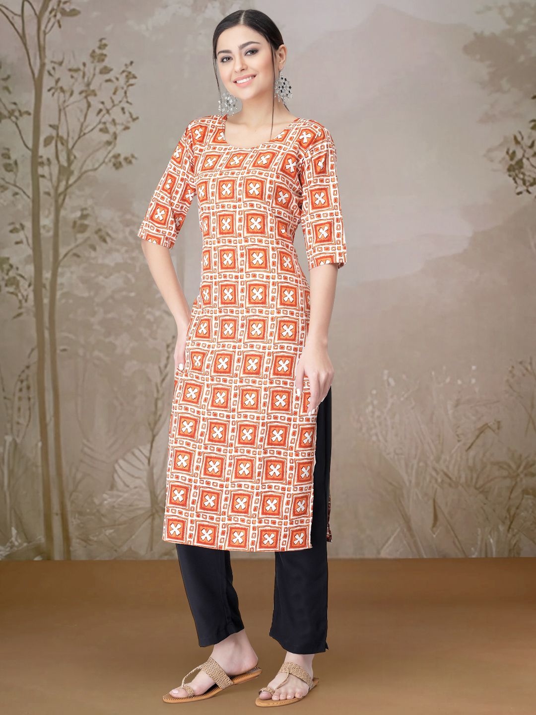 

7Threads Ethnic Motifs Printed Round Neck Straight Kurta With Trousers, Orange