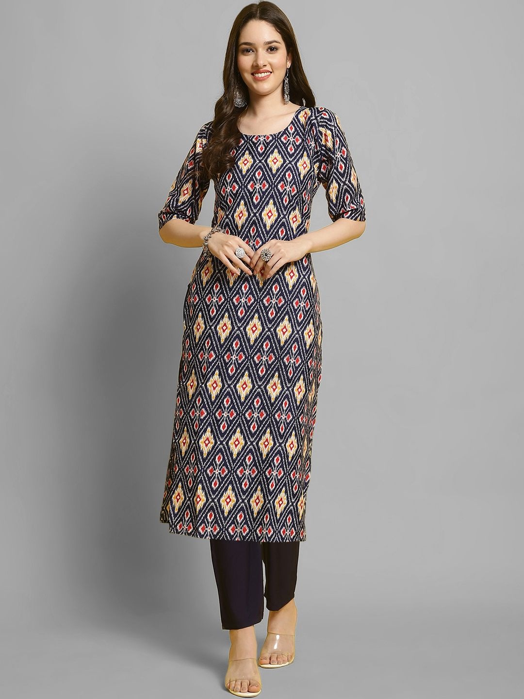 

7Threads Ethnic Motifs Printed Round Neck Straight Kurta With Trousers, Navy blue