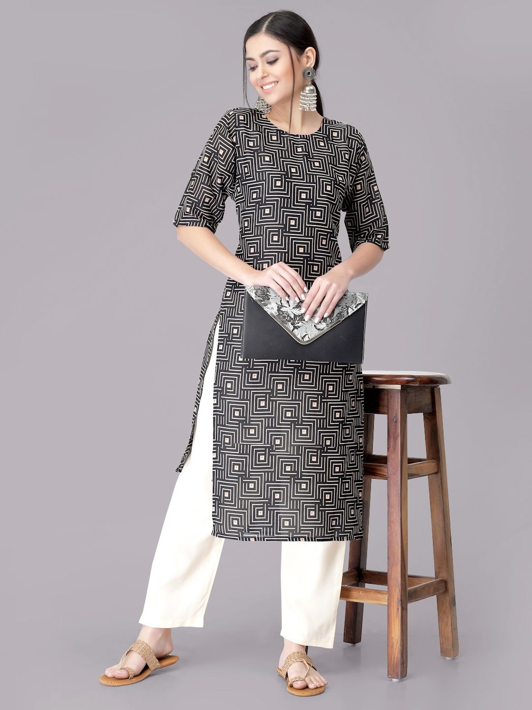 

7Threads Geometric Printed Round Neck Straight Kurta With Trousers, Black