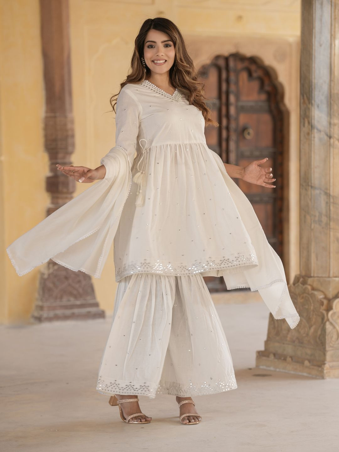 

Jaitpuriya V-Neck Pleated Mirror Work Pure Cotton Anarkali Kurta With Sharara & Dupatta, Off white