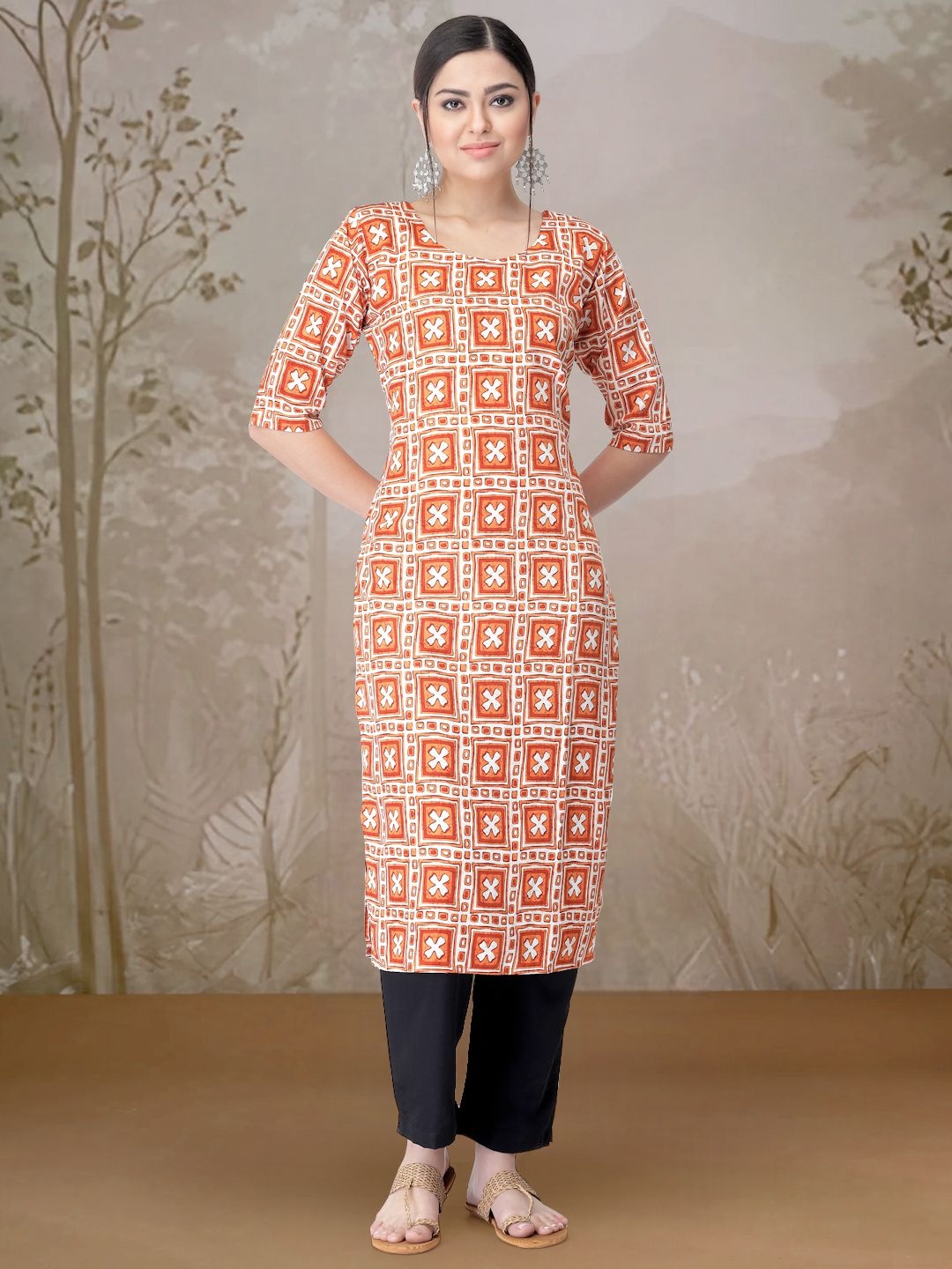 

7Threads Ethnic Motifs Printed Round Neck Straight Kurta With Trousers, Orange