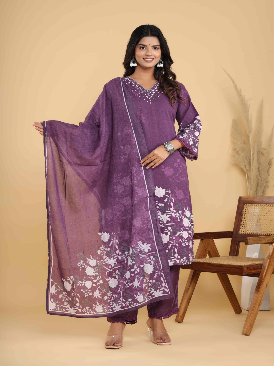 

VASVI Floral Printed Adda Work Pure Cotton Straight Kurta With Trouser & Dupatta, Purple