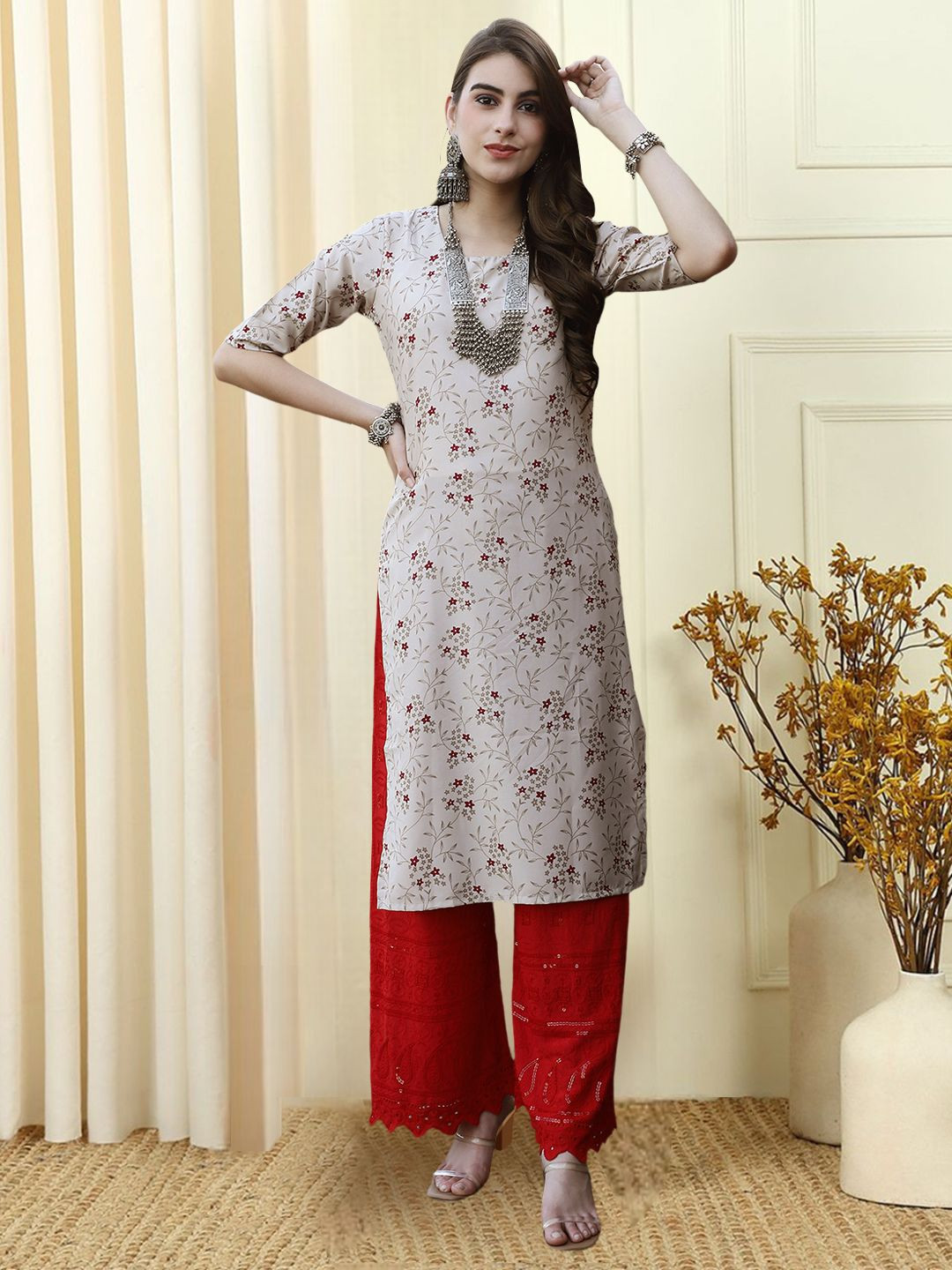 

7Threads Floral Printed Round Neck Straight Kurta, Beige