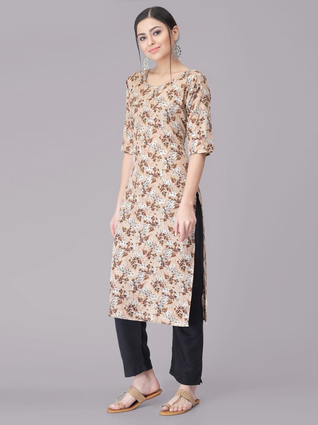 

7Threads Floral Printed Round Neck Straight Kurta With Trouser, Beige