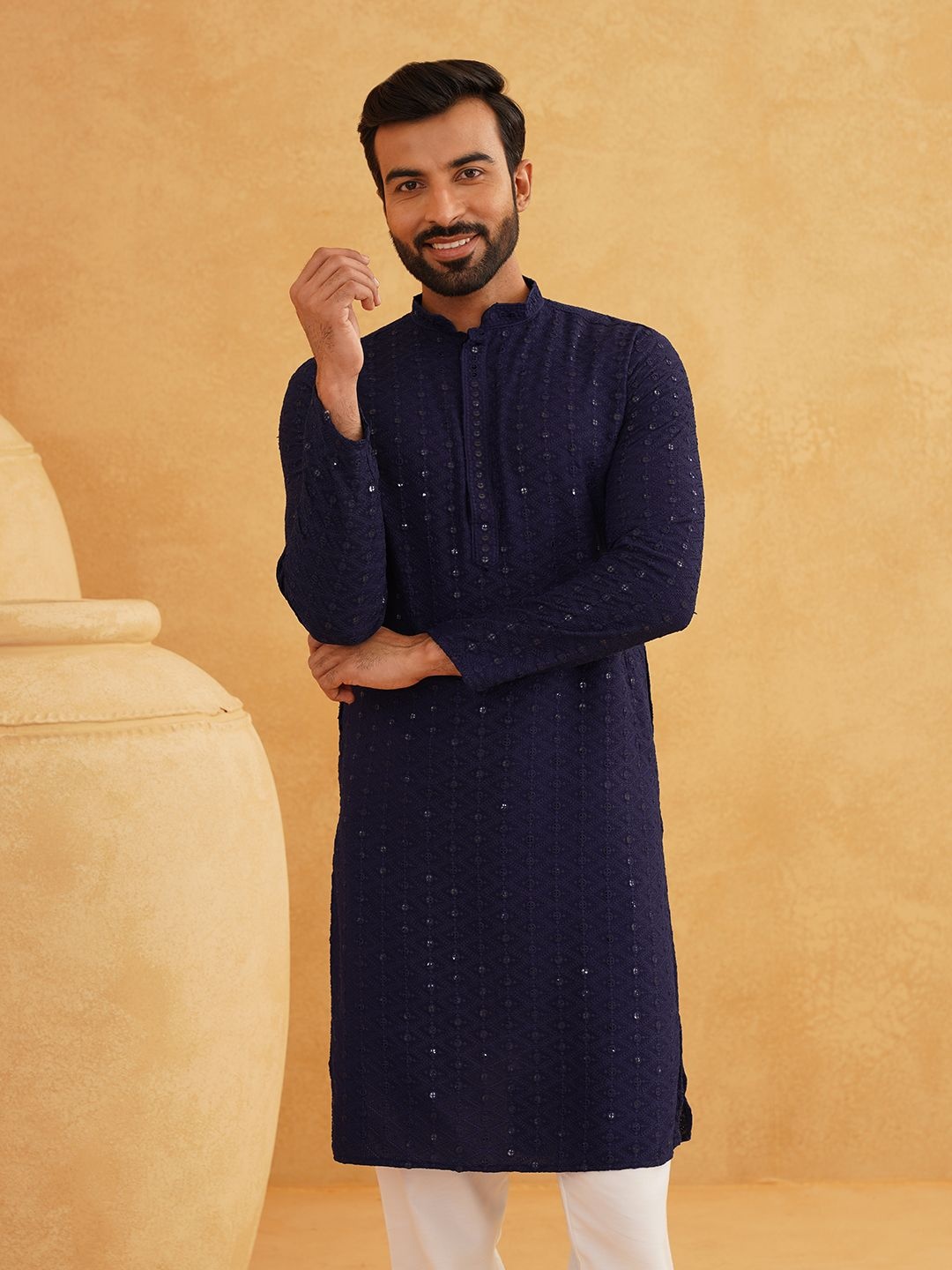 

SOJANYA Ethnic Motifs Embroidered Mandarin Collar Sequinned Pure Cotton Straight Kurta, Navy blue