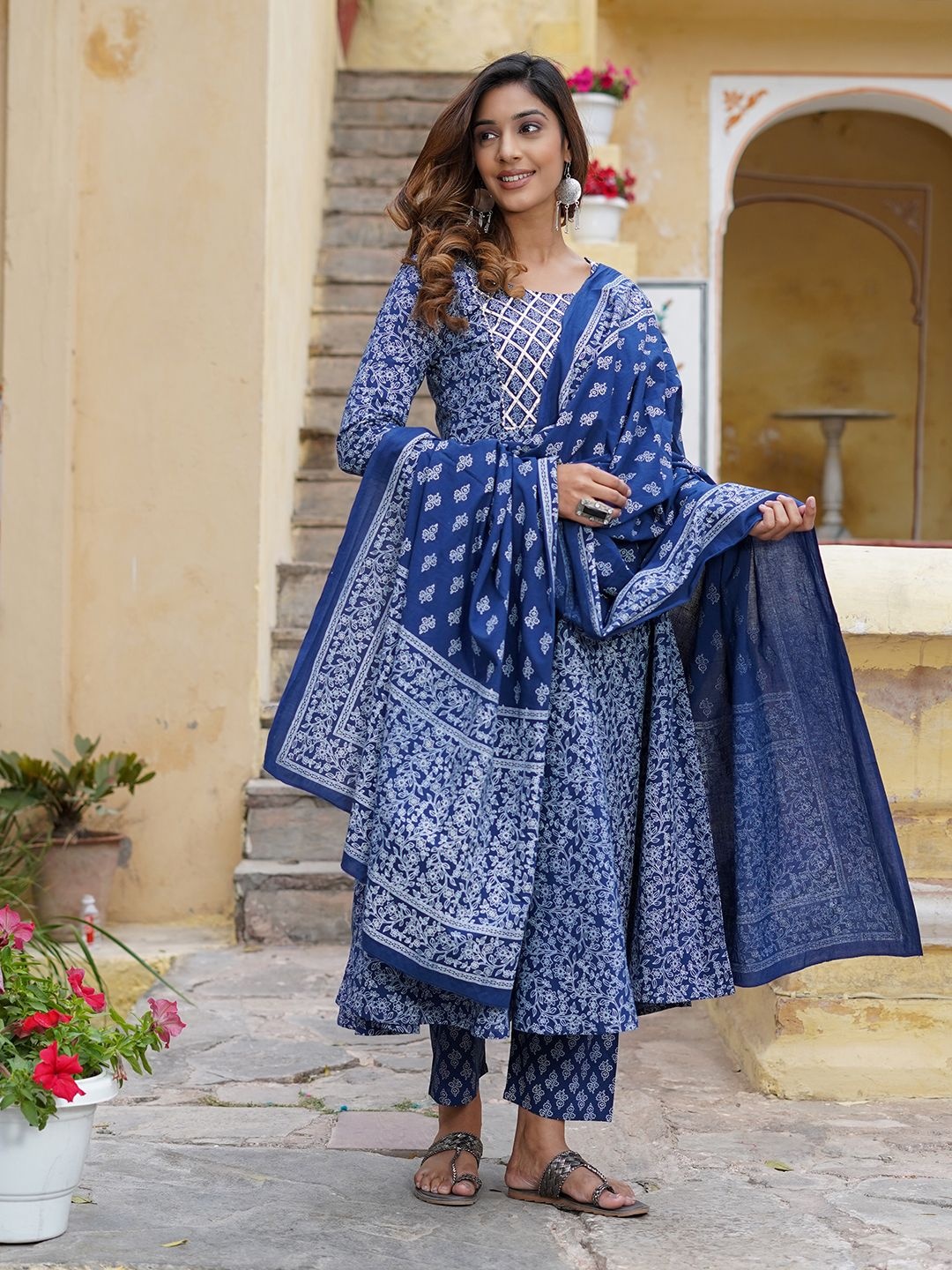 

Jaitpuriya Floral Printed Gotta Patti Pure Cotton Anarkali Kurta With Trouser & Dupatta, Blue