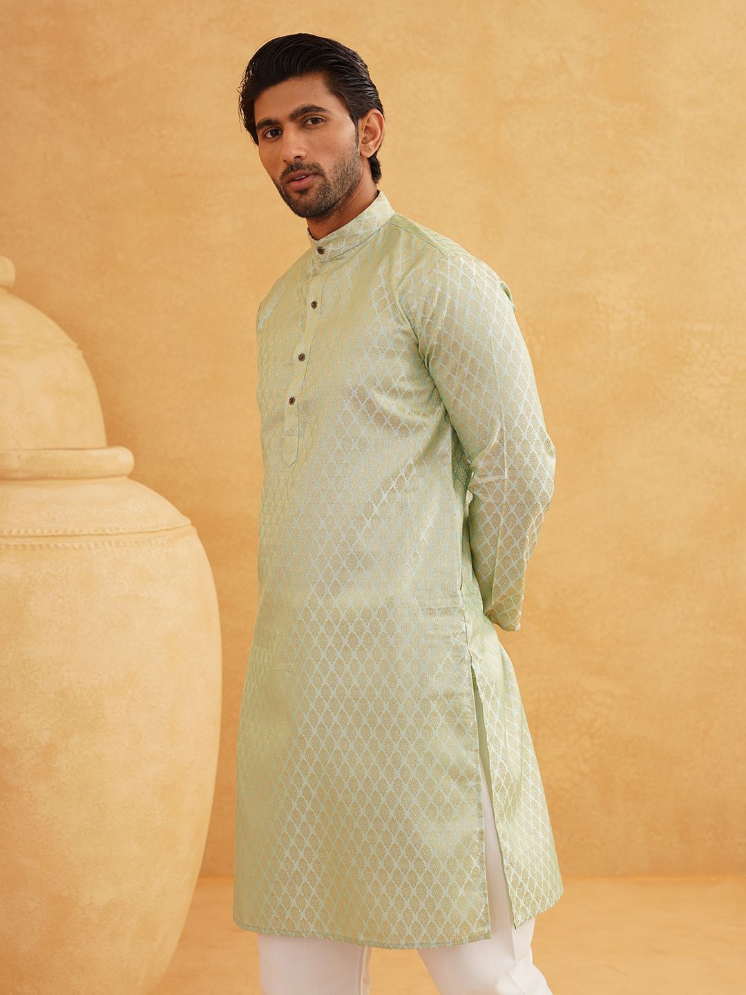 

SOJANYA Ethnic Motifs Woven Design Band Collar Straight Long Kurta, Green