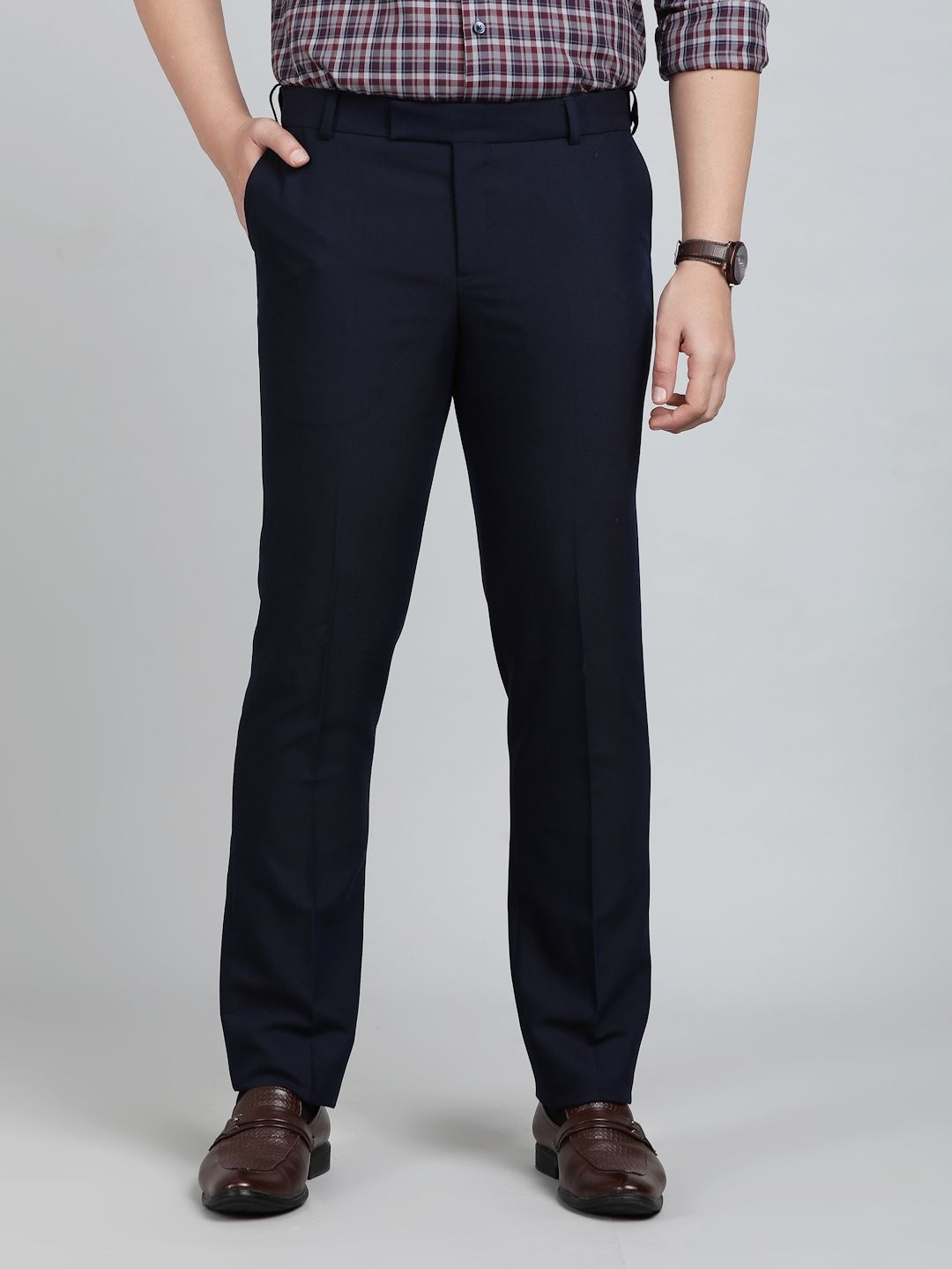 

METAL Men Slim Fit Mid-Rise Flat-Front Formal Trousers, Navy blue
