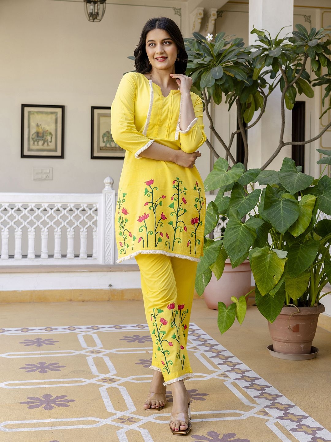 

ERISHA Printed Round Neck Three-Quarter Sleeves Pure Cotton Top With Trouser, Yellow