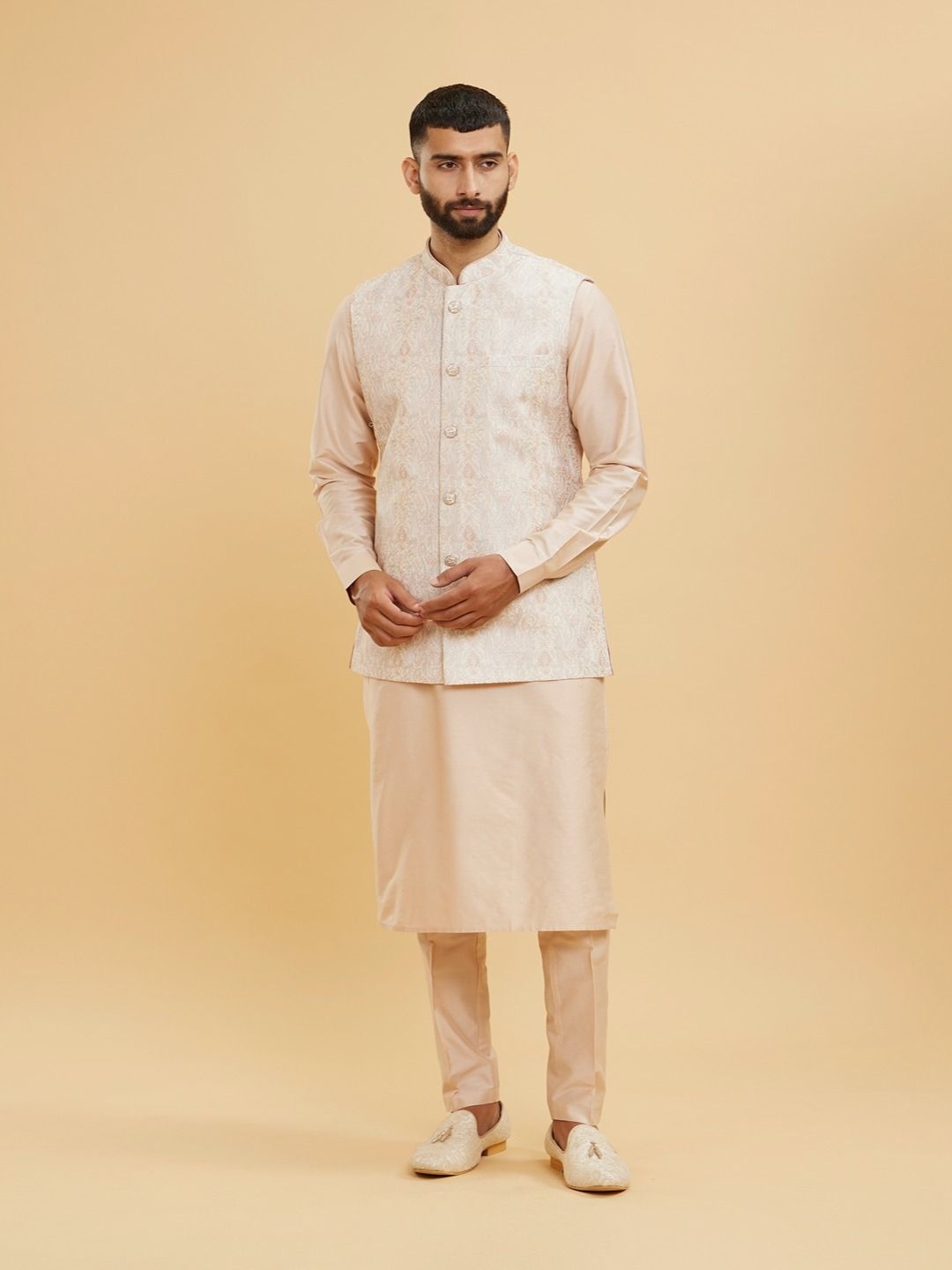 

Twamev Mandarin Collar Thread Work Straight Kurta With Trouser & Nehru Jacket, Peach