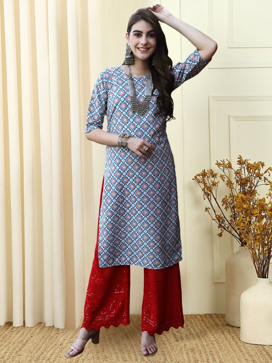 

7Threads Ethnic Motifs Printed Round Neck Kurta, Blue