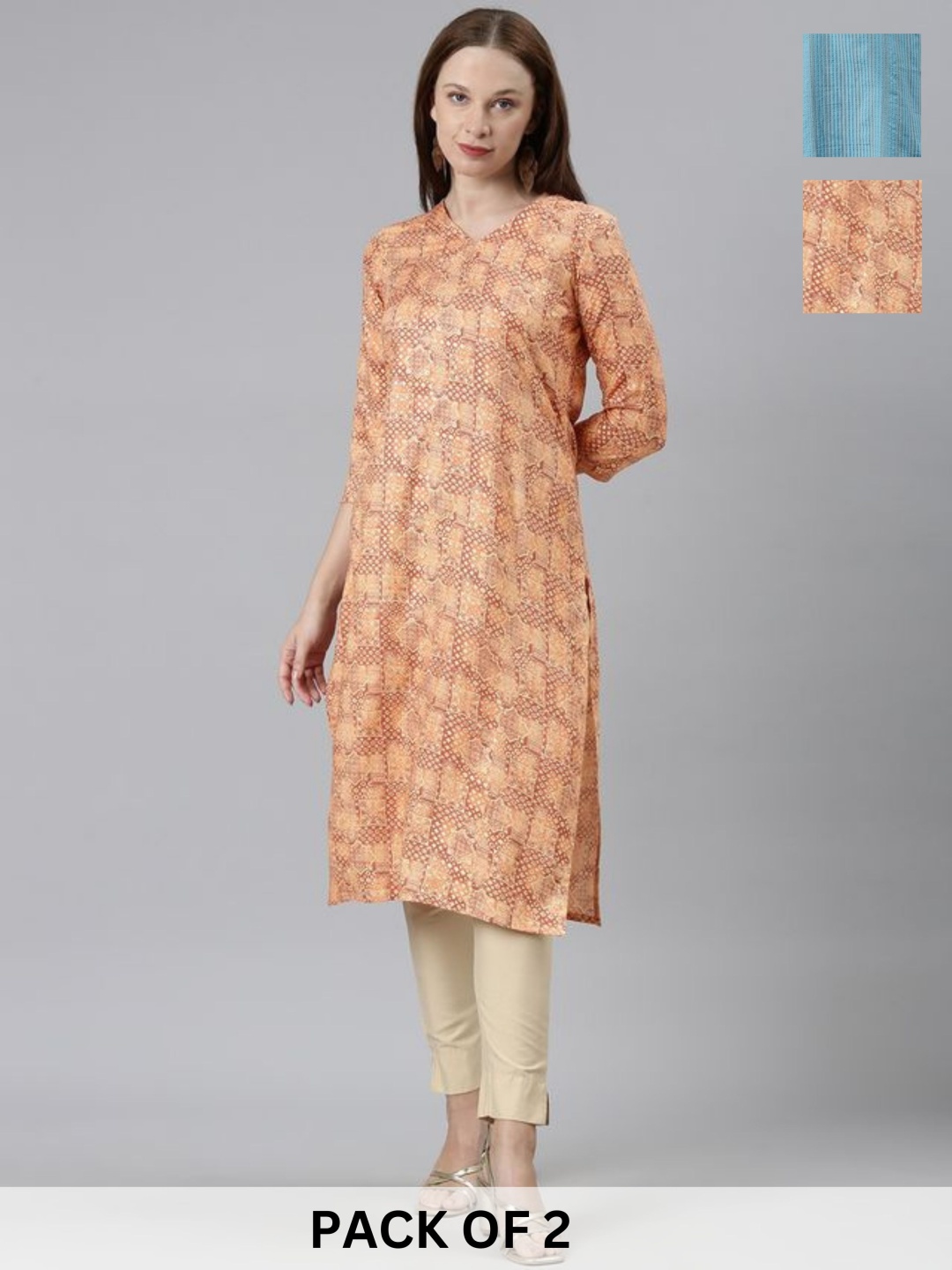 

KALINI Selection Of 2 Floral Printed V-Neck Pure Cotton Straight Kurta, Orange