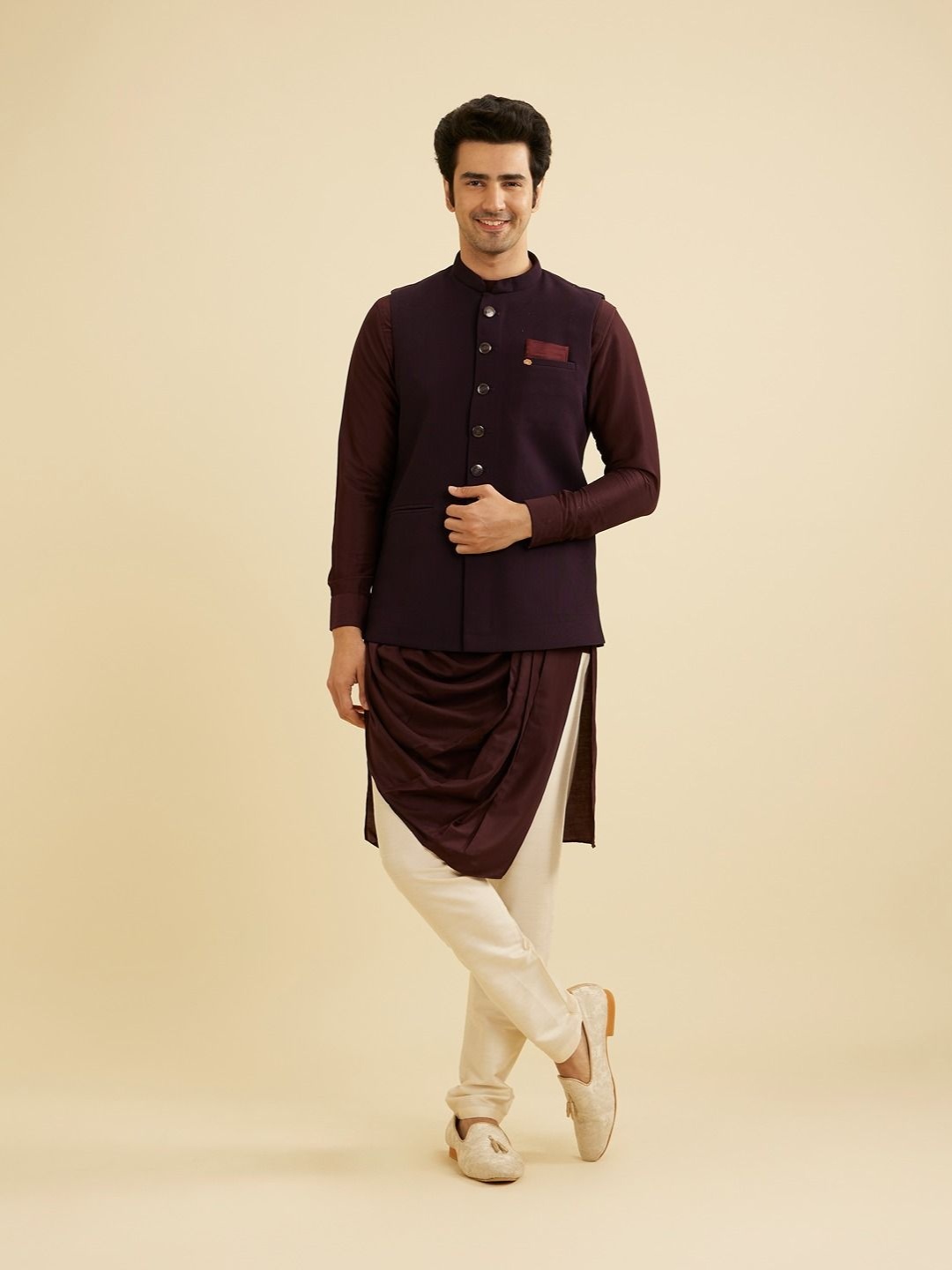 

Manyavar Men Woven Design Nehru Jacket, Purple