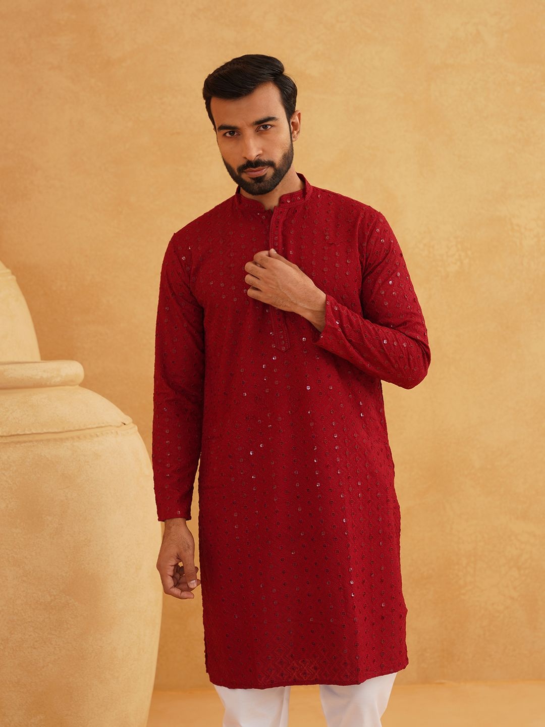 

SOJANYA Chevron Embroidered Sequinned Mandarin Collar Pure Cotton Kurta With Churidar, Maroon