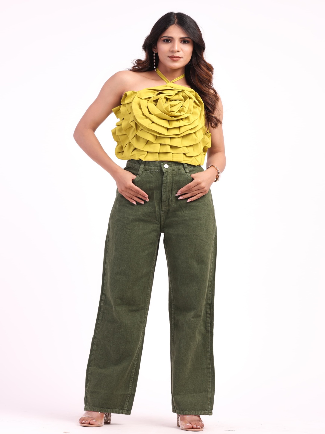 

HIGH BUY Women Light Fade High-Rise Loose Wide Leg Jeans, Green