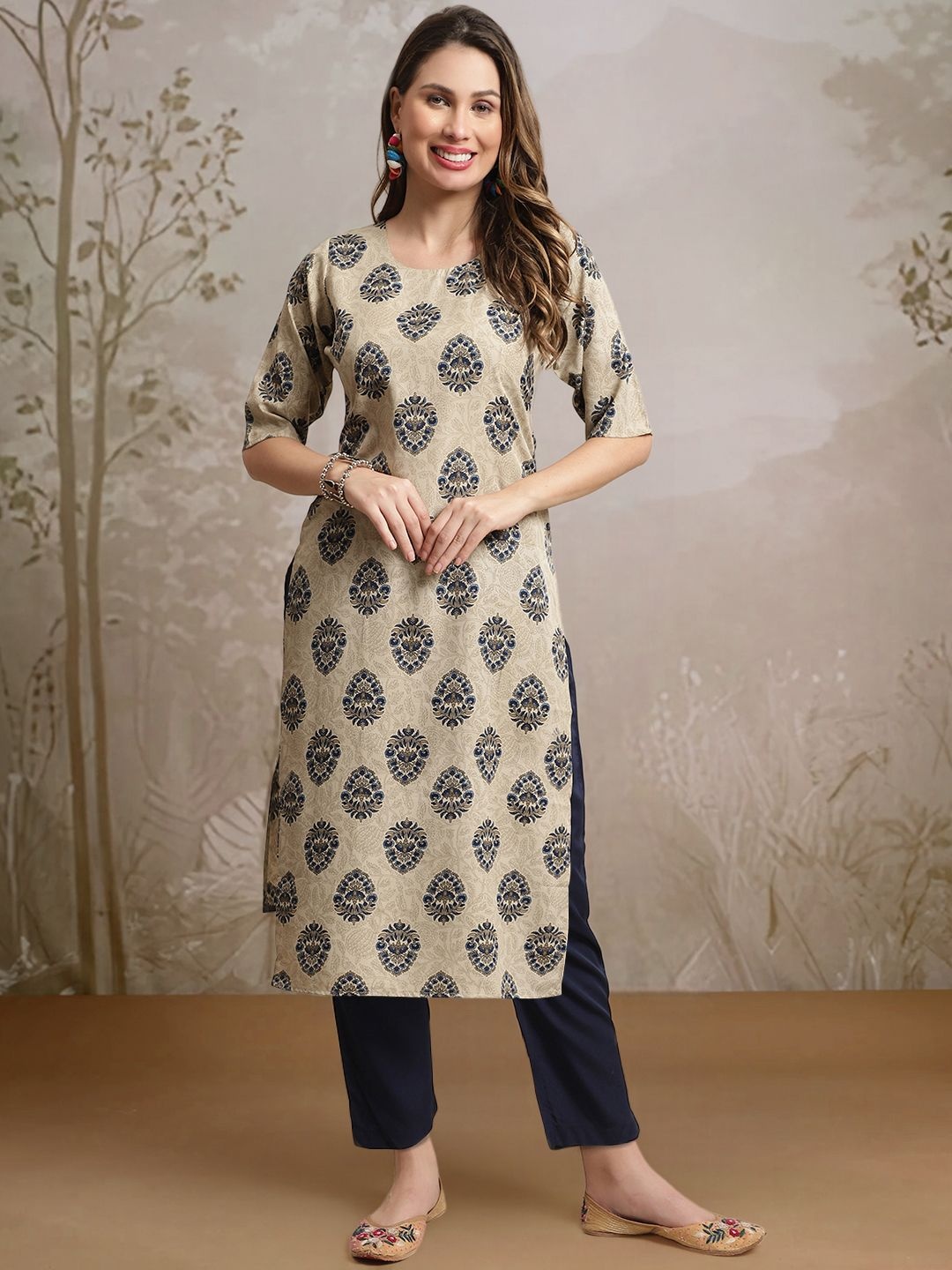 

7Threads Ethnic Motifs Printed Round Neck Straight Kurta With Trouser, Beige