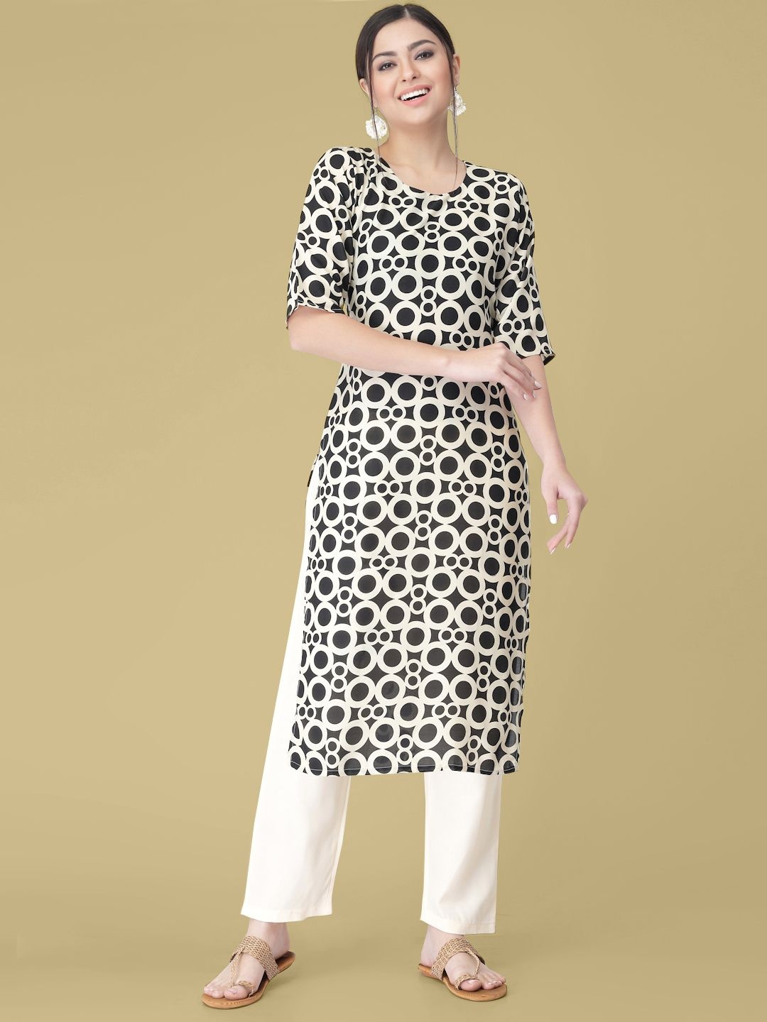 

7Threads Geometric Printed Straight Kurta With Trousers, Black