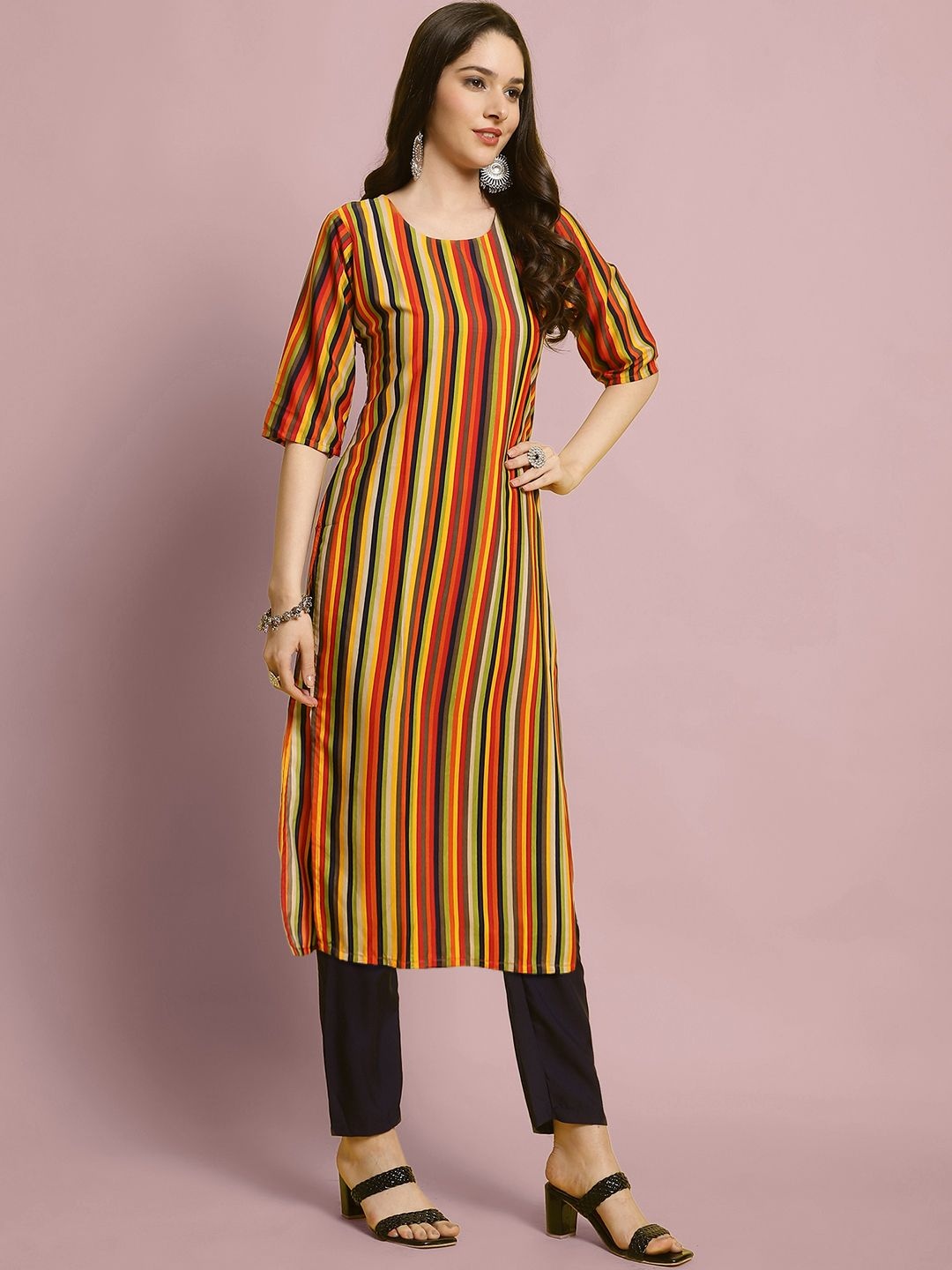 

7Threads Striped Printed Straight Kurta With Trousers, Yellow