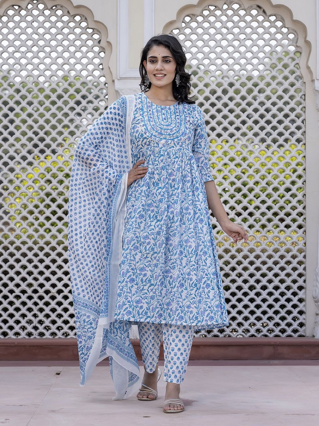 

Jaitpuriya Floral Printed Pleated Pure Cotton Anarkali Kurta With Trousers & Dupatta, Turquoise blue