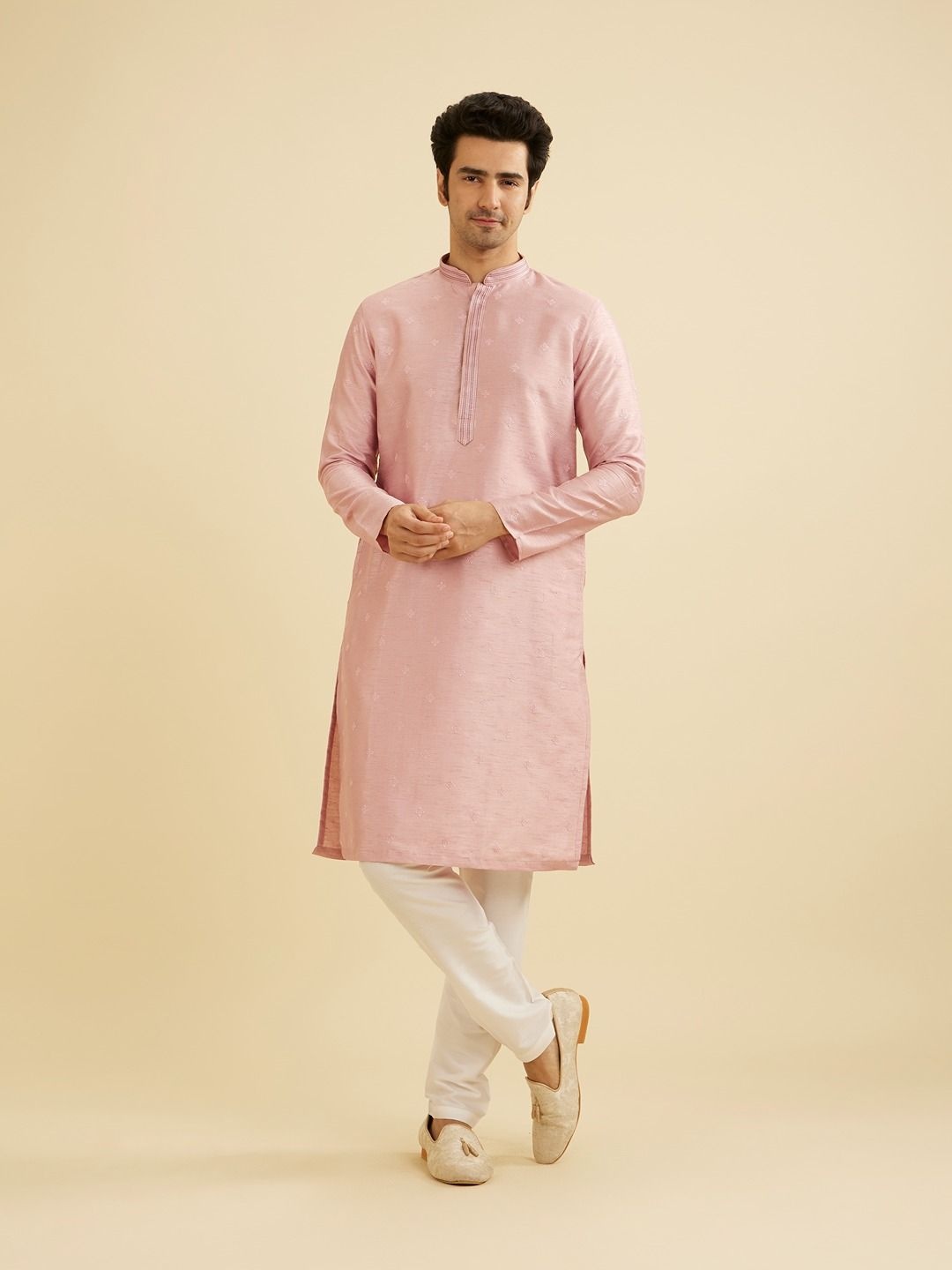 

Manyavar Men Embroidered Regular Sequinned Kurta with Pyjamas And Jacket, Pink