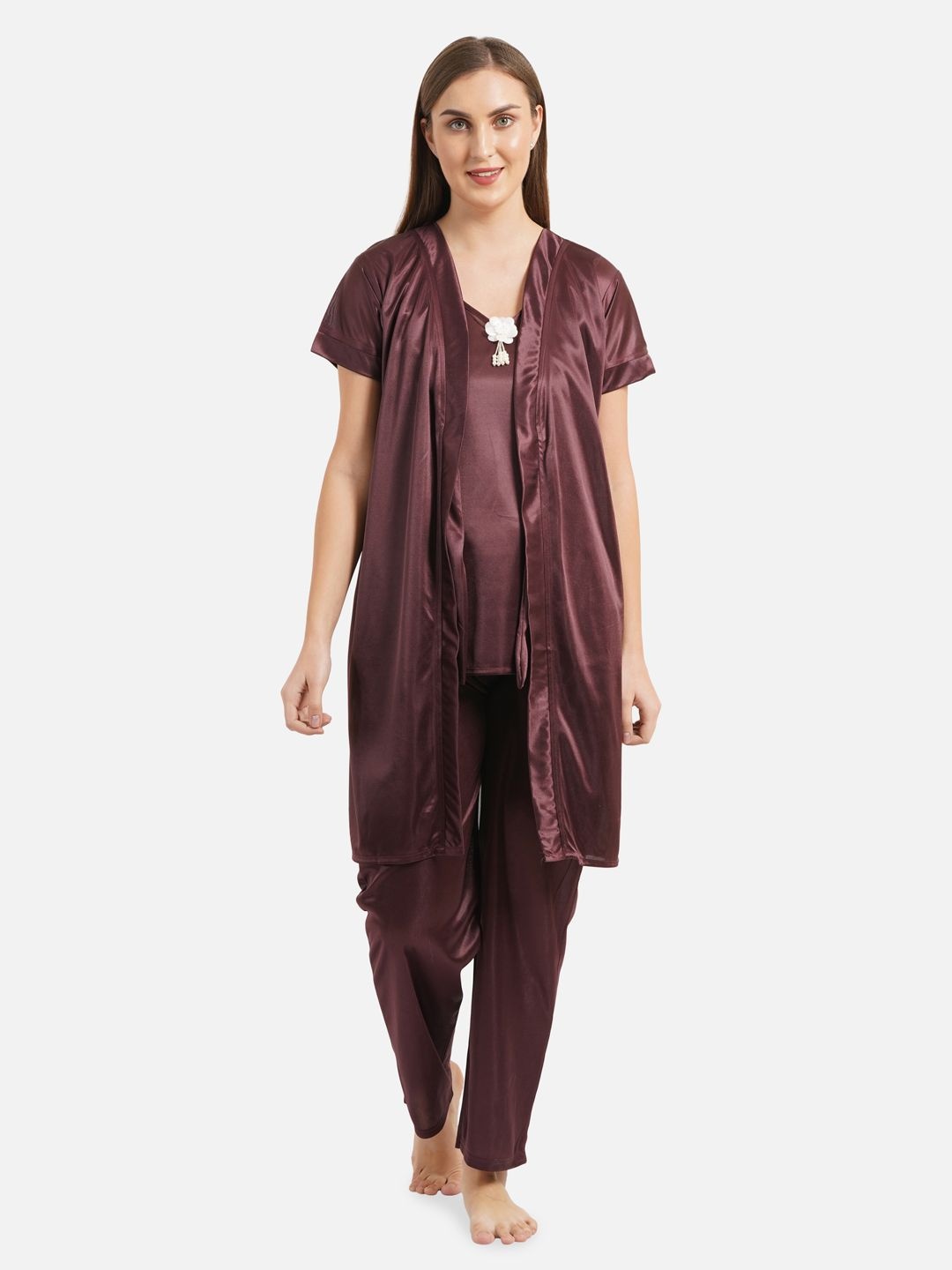 

Romaisa Women Satin Top and Pyjama Nightsuit Set with Robe, Brown